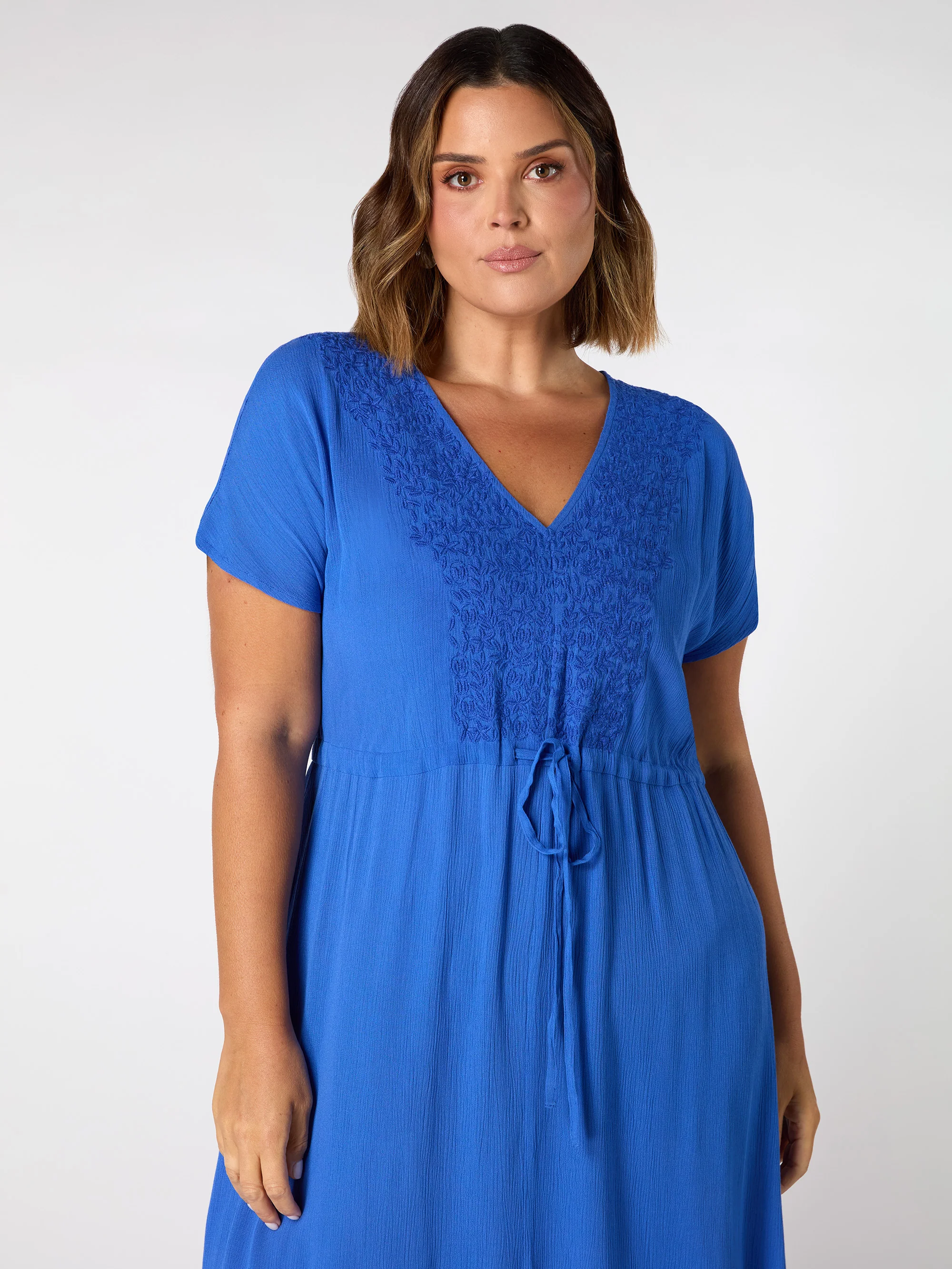 Blue Viscose Crinkle Embroidered Dress - Image 3