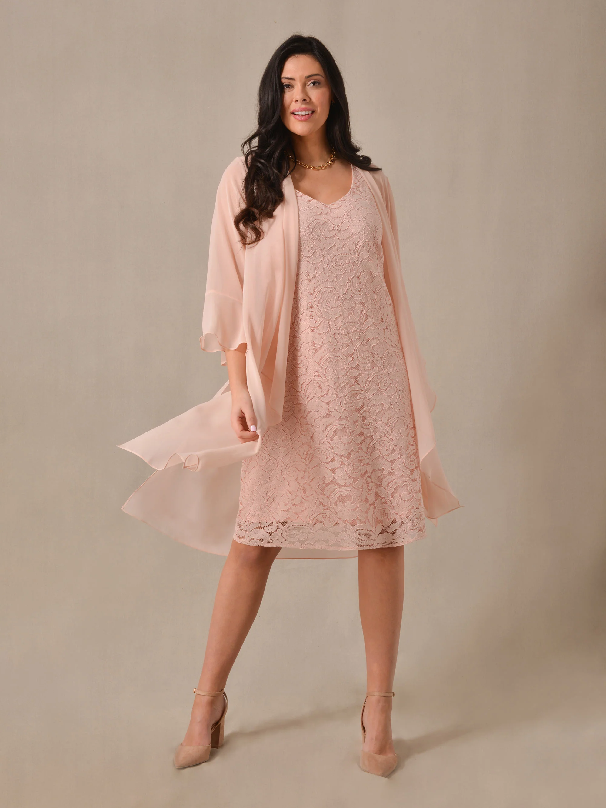 Blush Corded Lace Dress With Waterfall Jacket - Image 2