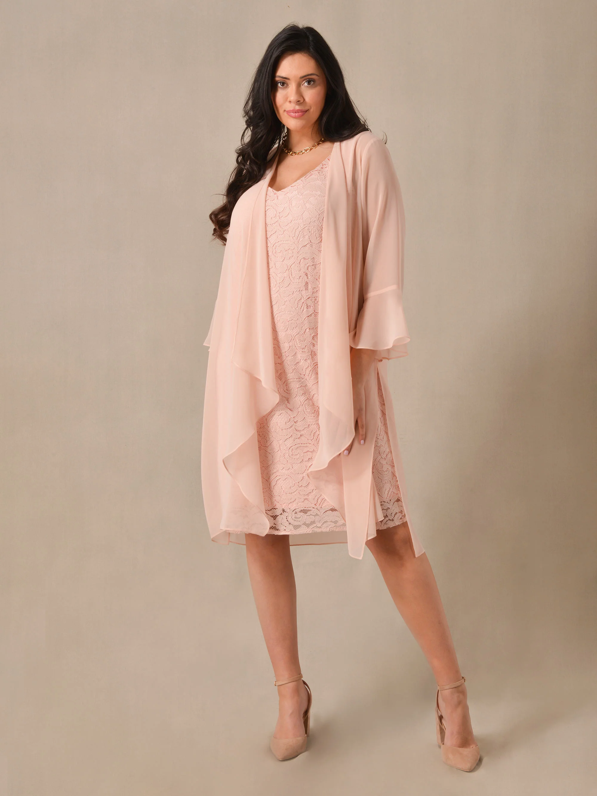 Blush Corded Lace Dress With Waterfall Jacket - Image 3