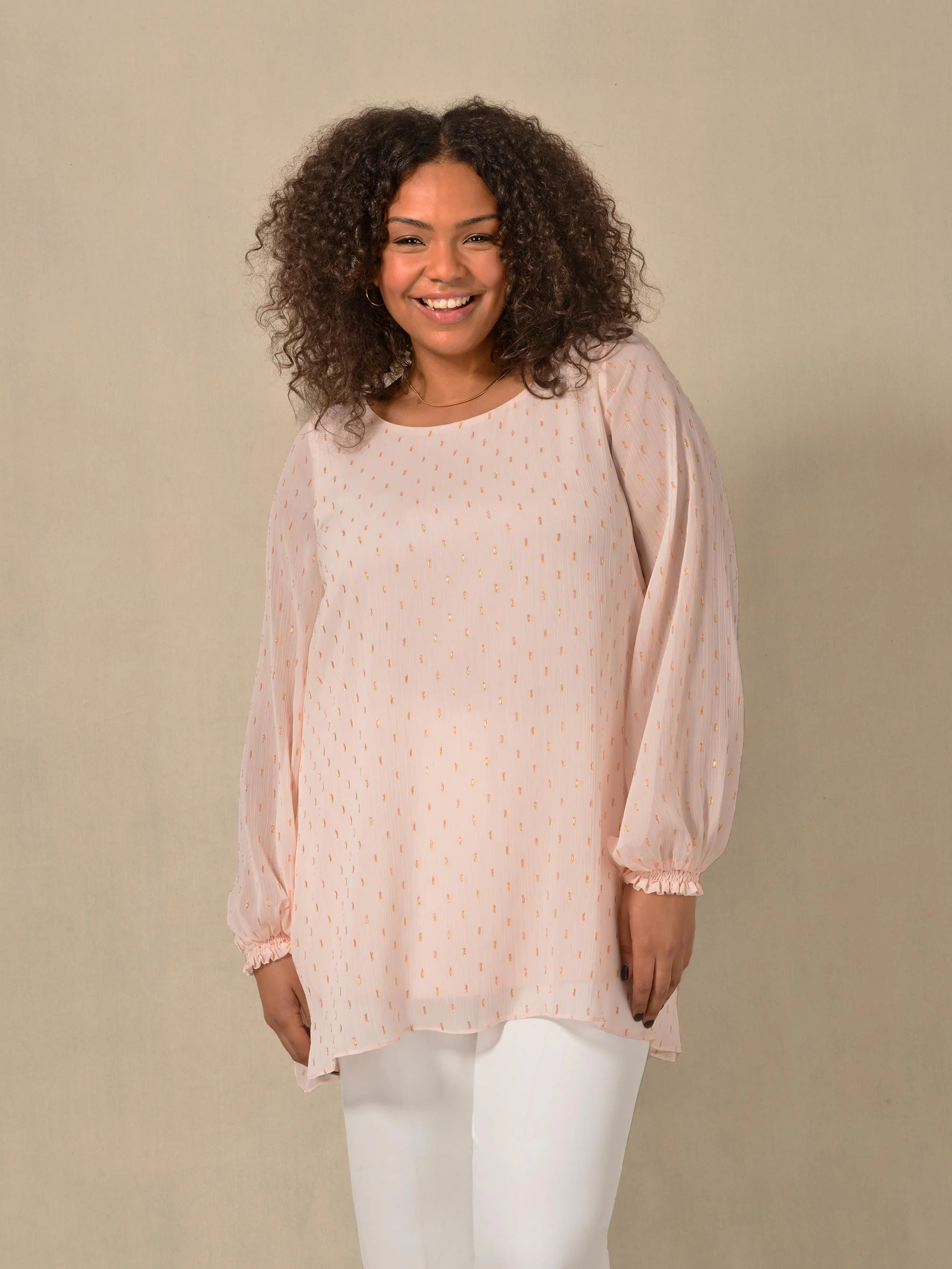Blush Shimmer Chiffon Blouse With Shirred Cuffs - Image 2