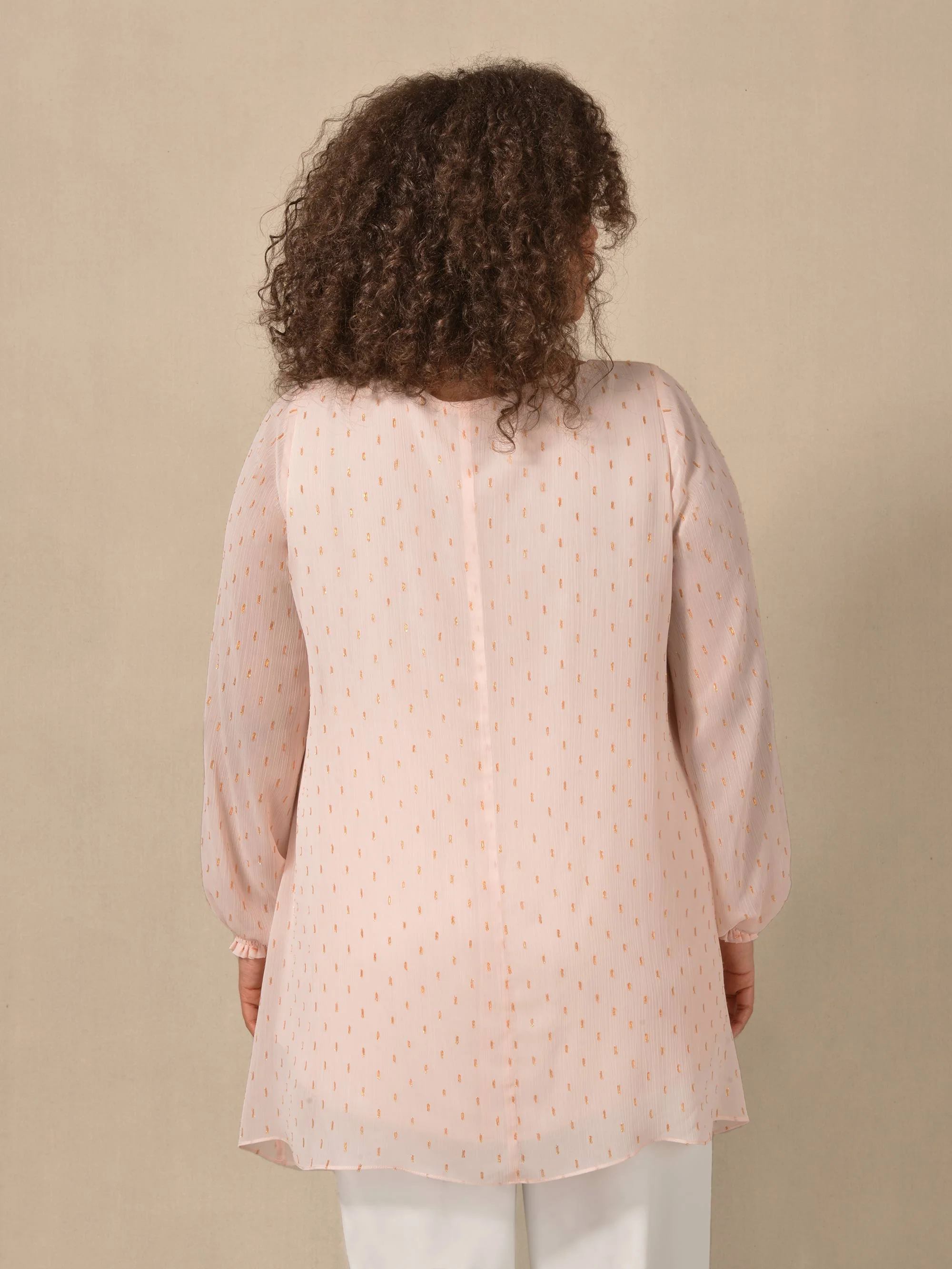 Blush Shimmer Chiffon Blouse With Shirred Cuffs - Image 3
