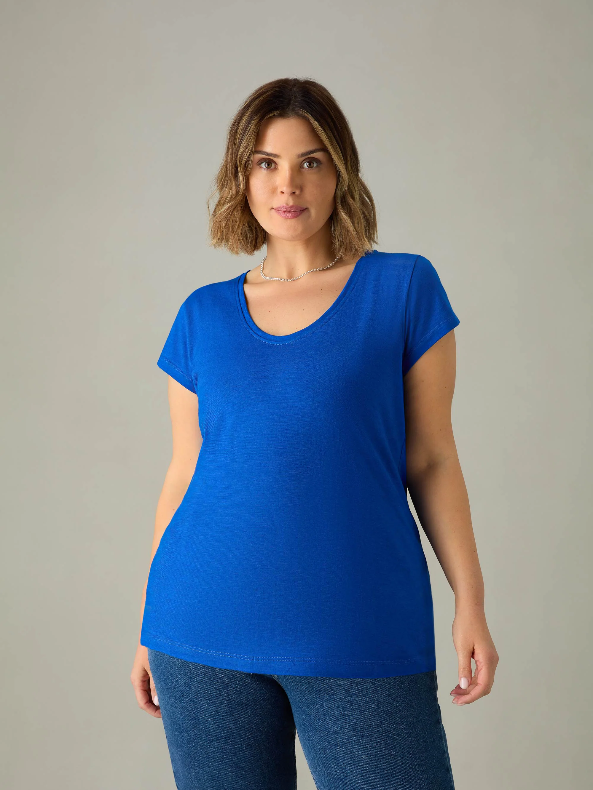 Bright Blue Cotton Slub Scoop Neck T-Shirt - Image 2