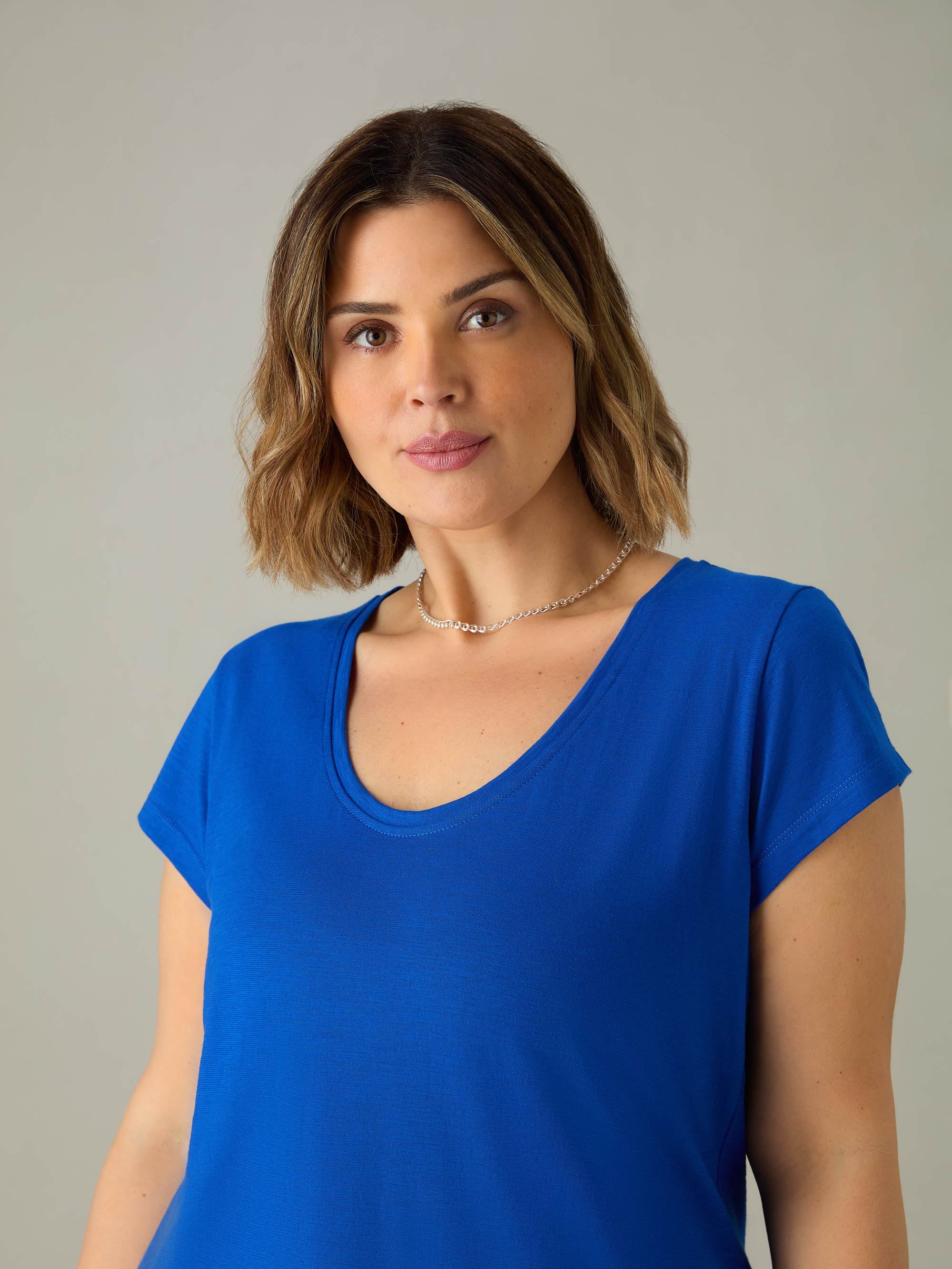 Bright Blue Cotton Slub Scoop Neck T-Shirt - Image 4