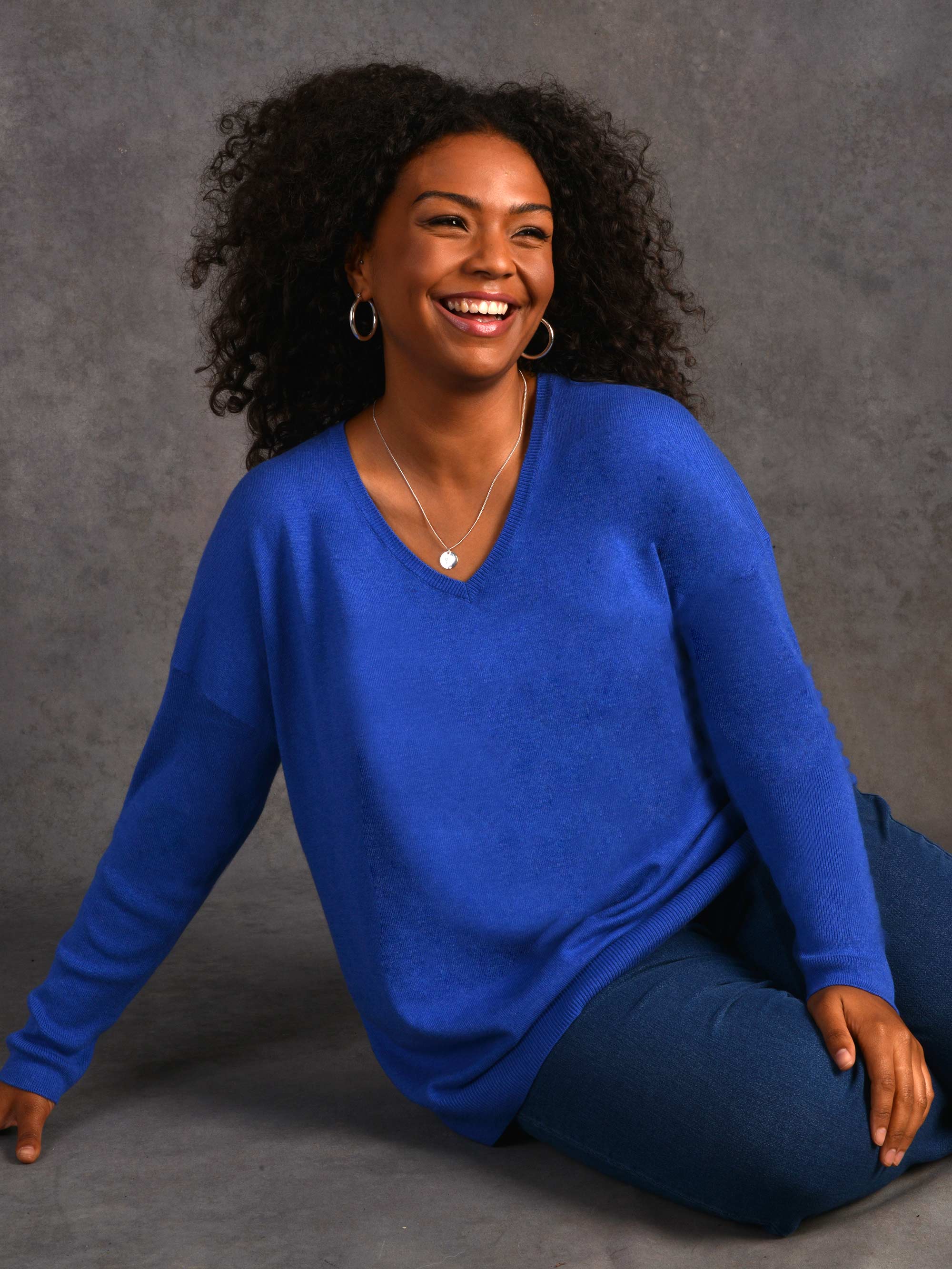 Bright Blue Relaxed V-Neck Knitted Jumper - Image 4