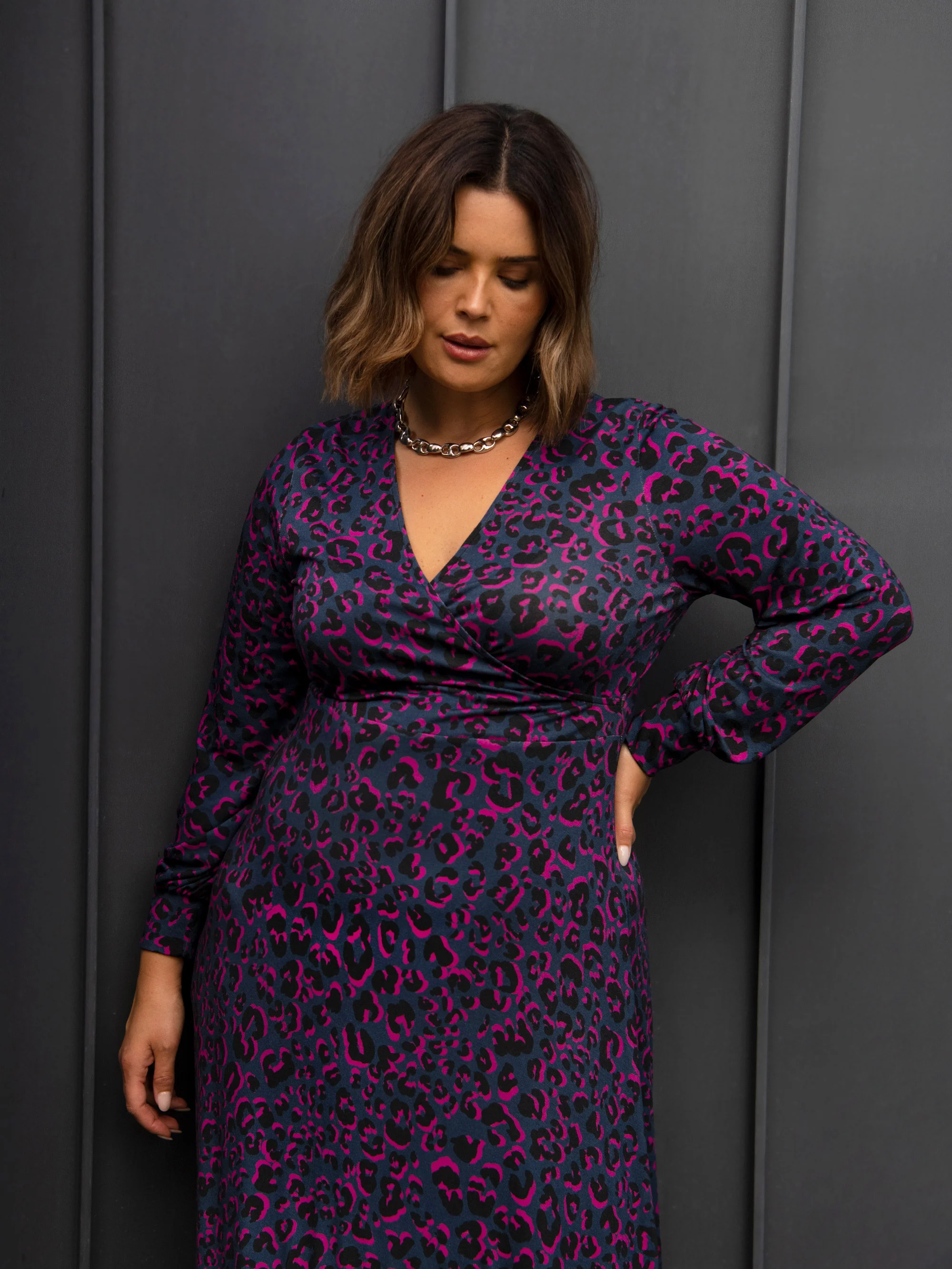 Bright Leopard Wrap Dress With Blouson Sleeves - Image 2