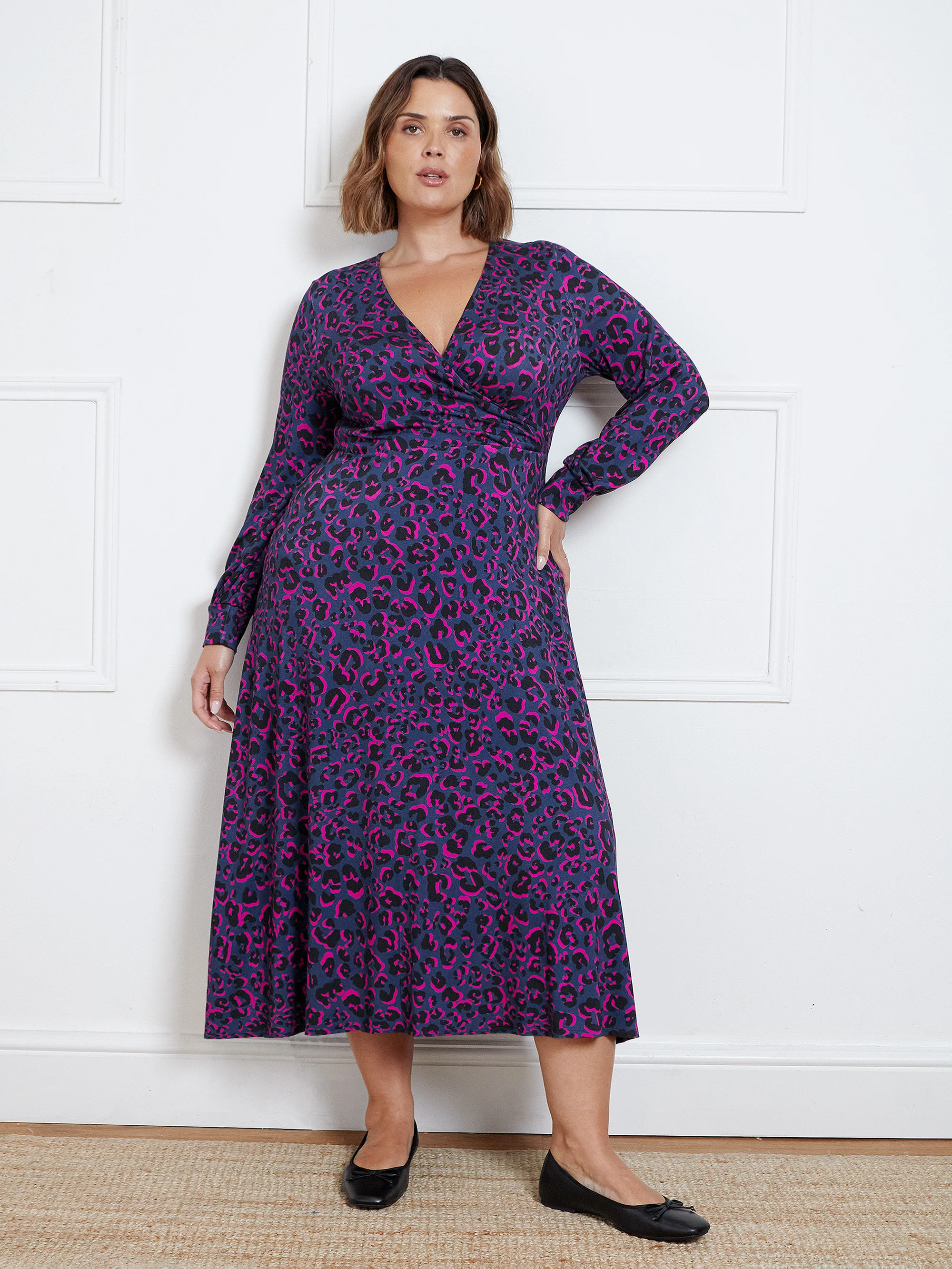 Bright Leopard Wrap Dress With Blouson Sleeves - Image 3