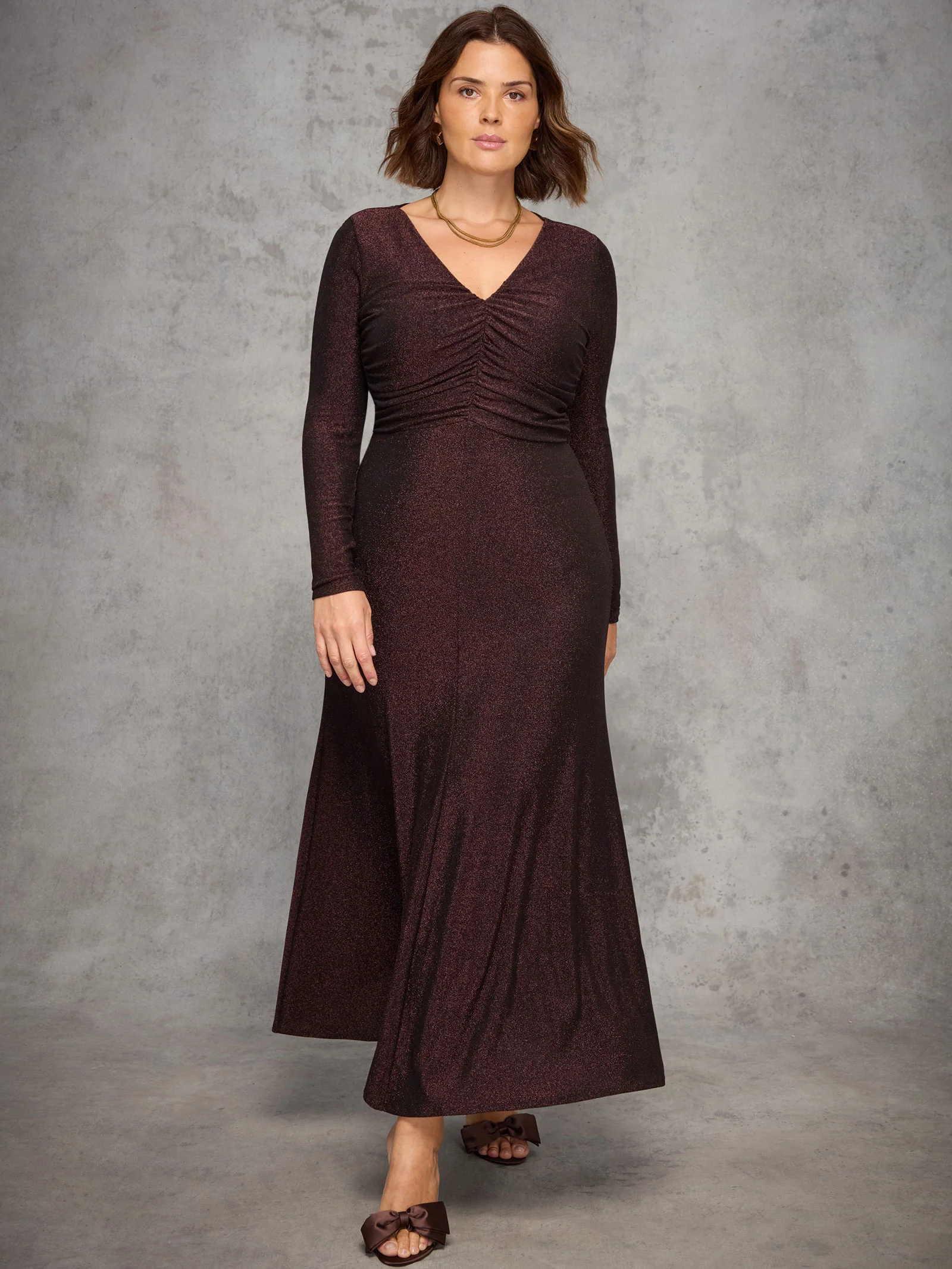 Bronze Sparkle Ruched Jersey Maxi Dress - Image 2