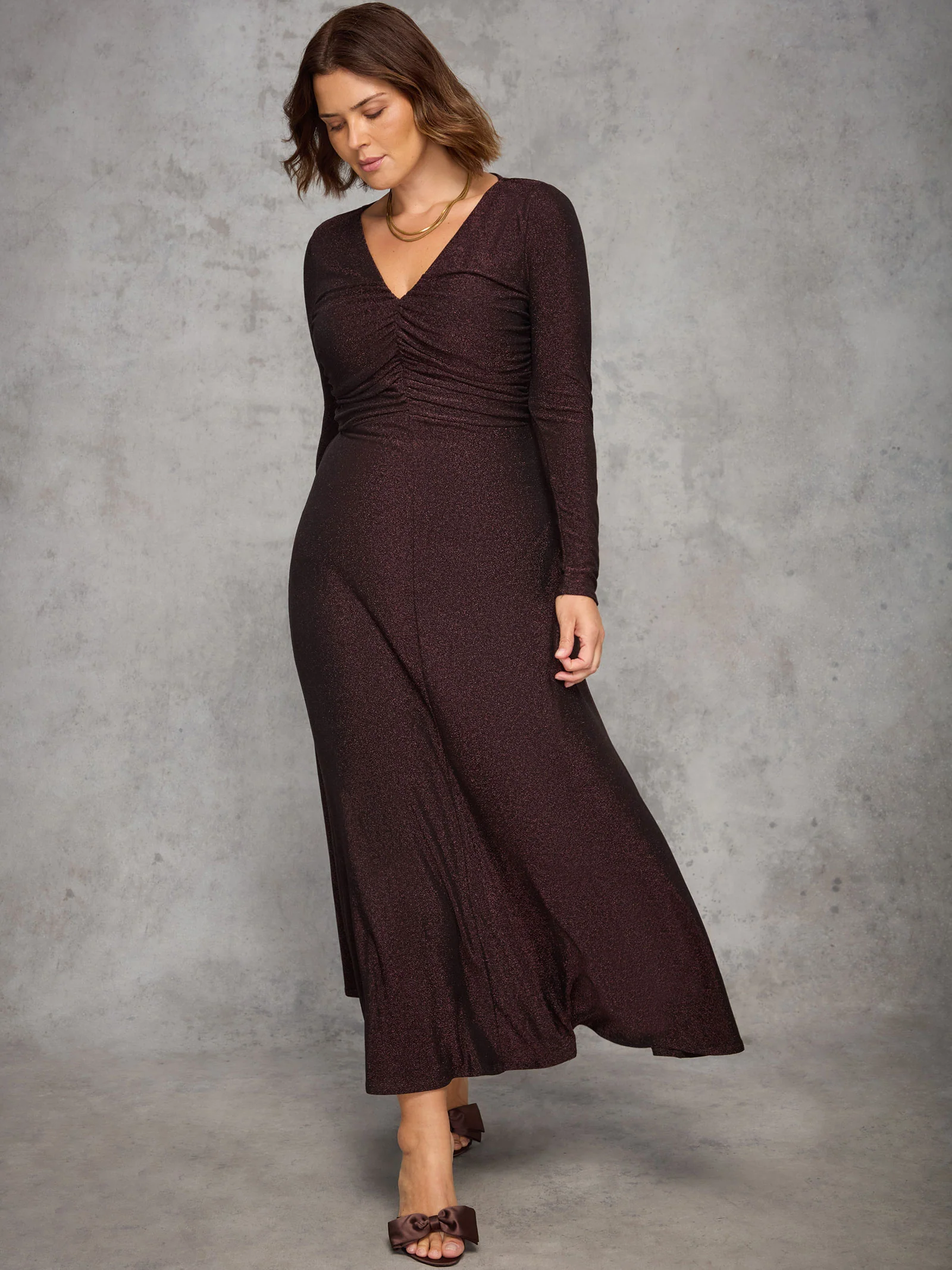 Bronze Sparkle Ruched Jersey Maxi Dress - Image 3