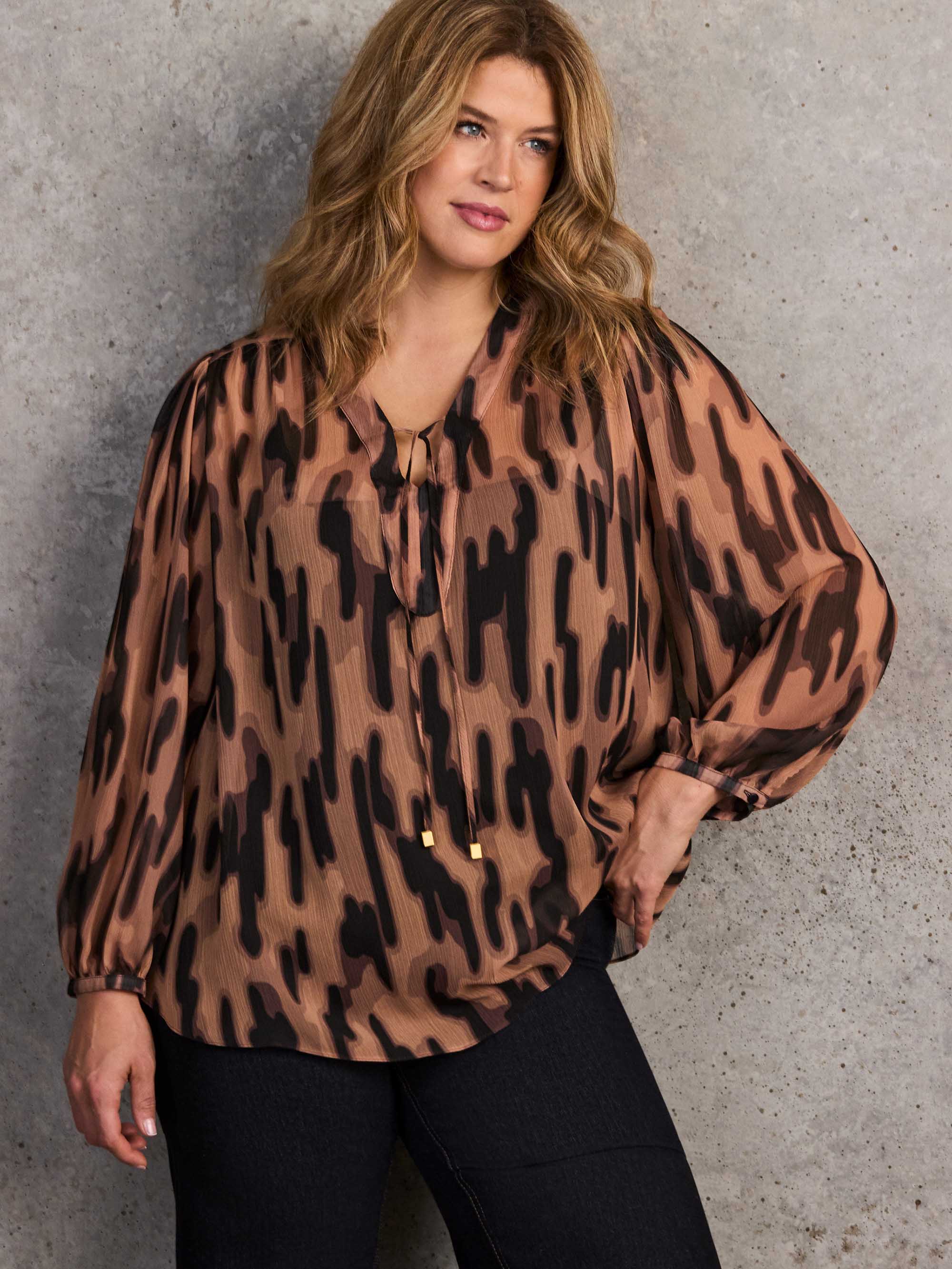 Brown Abstract Animal Print V-Neck Blouse - Image 4