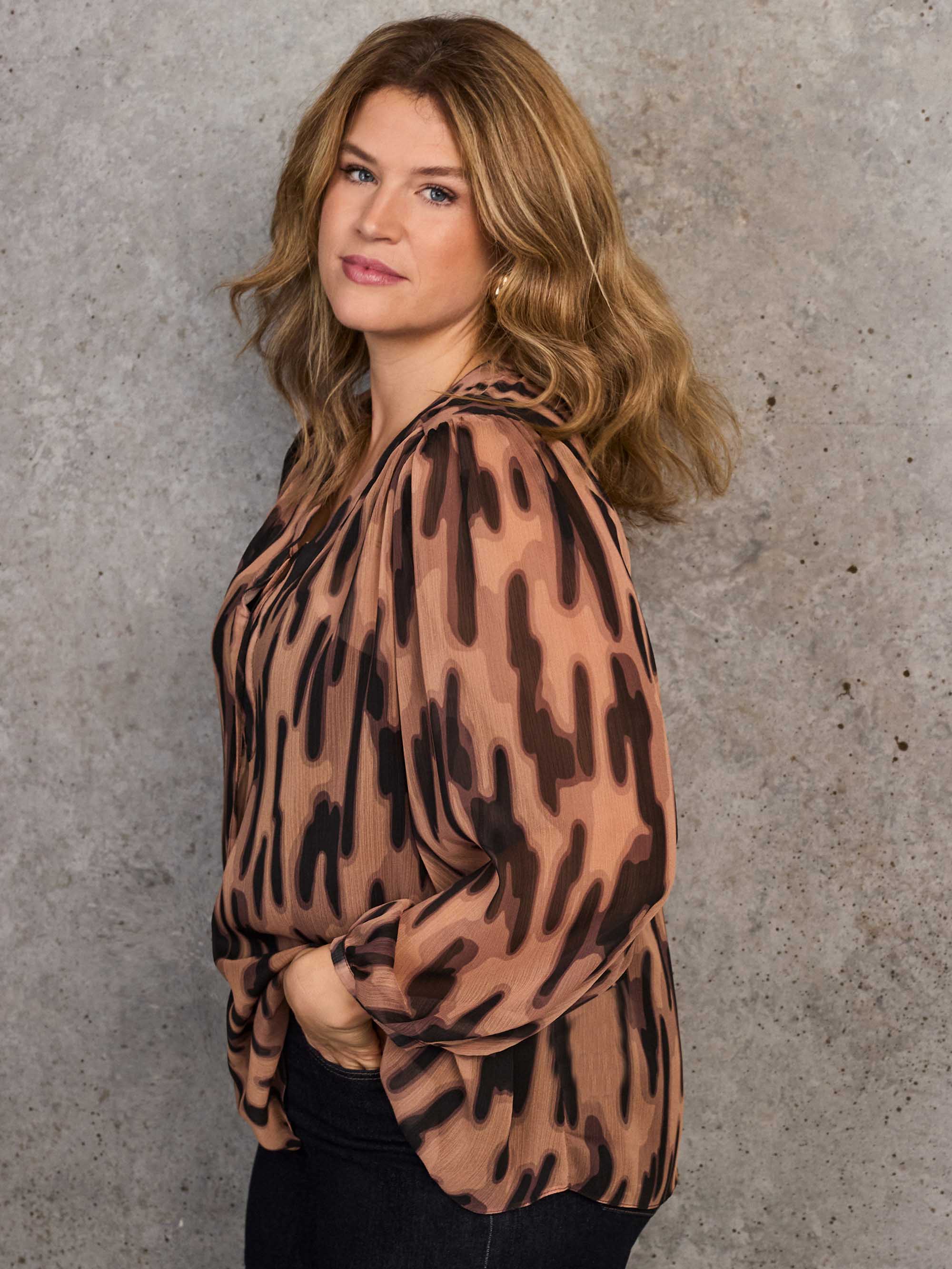 Brown Abstract Animal Print V-Neck Blouse - Image 5