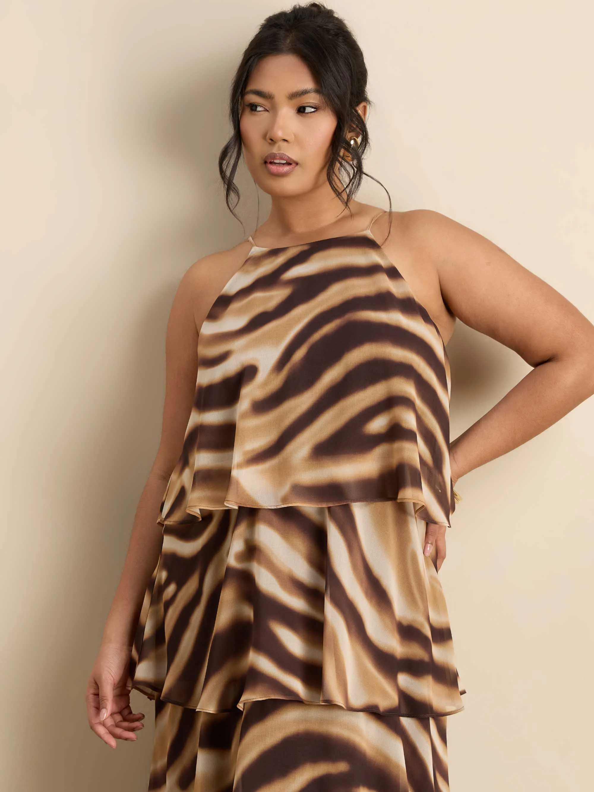 Brown Abstract Print Halter Tiered Maxi Dress - Image 3