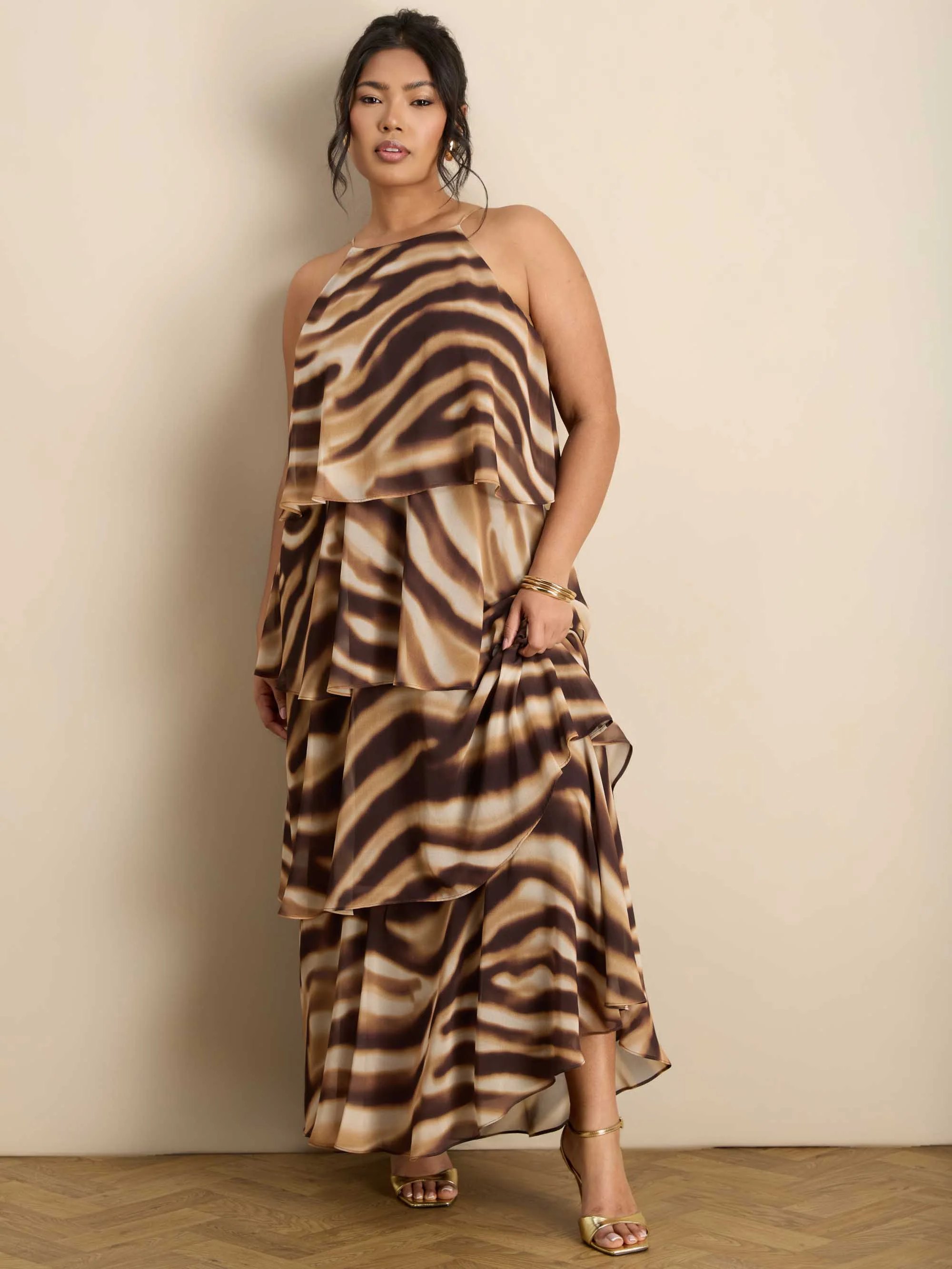 Brown Abstract Print Halter Tiered Maxi Dress - Image 5