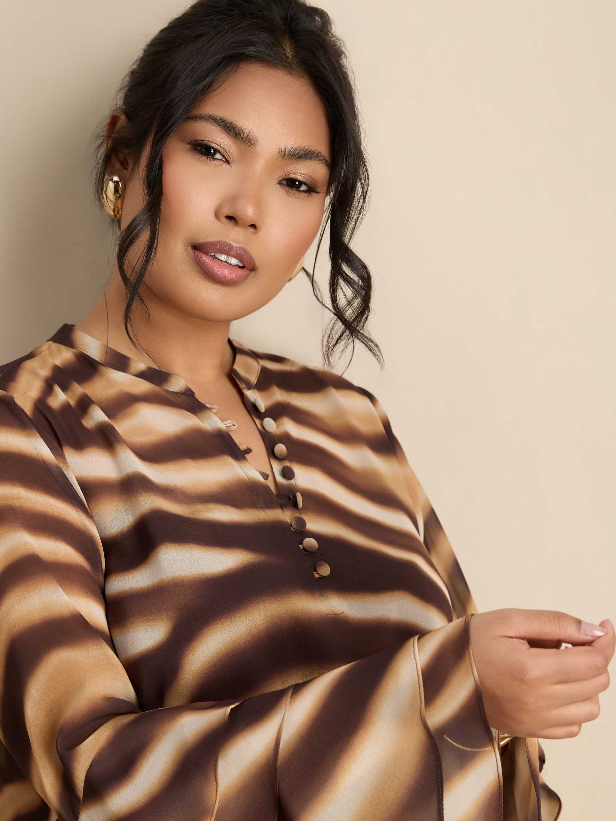 Brown Abstract Print Ruffle Blouse - Image 2