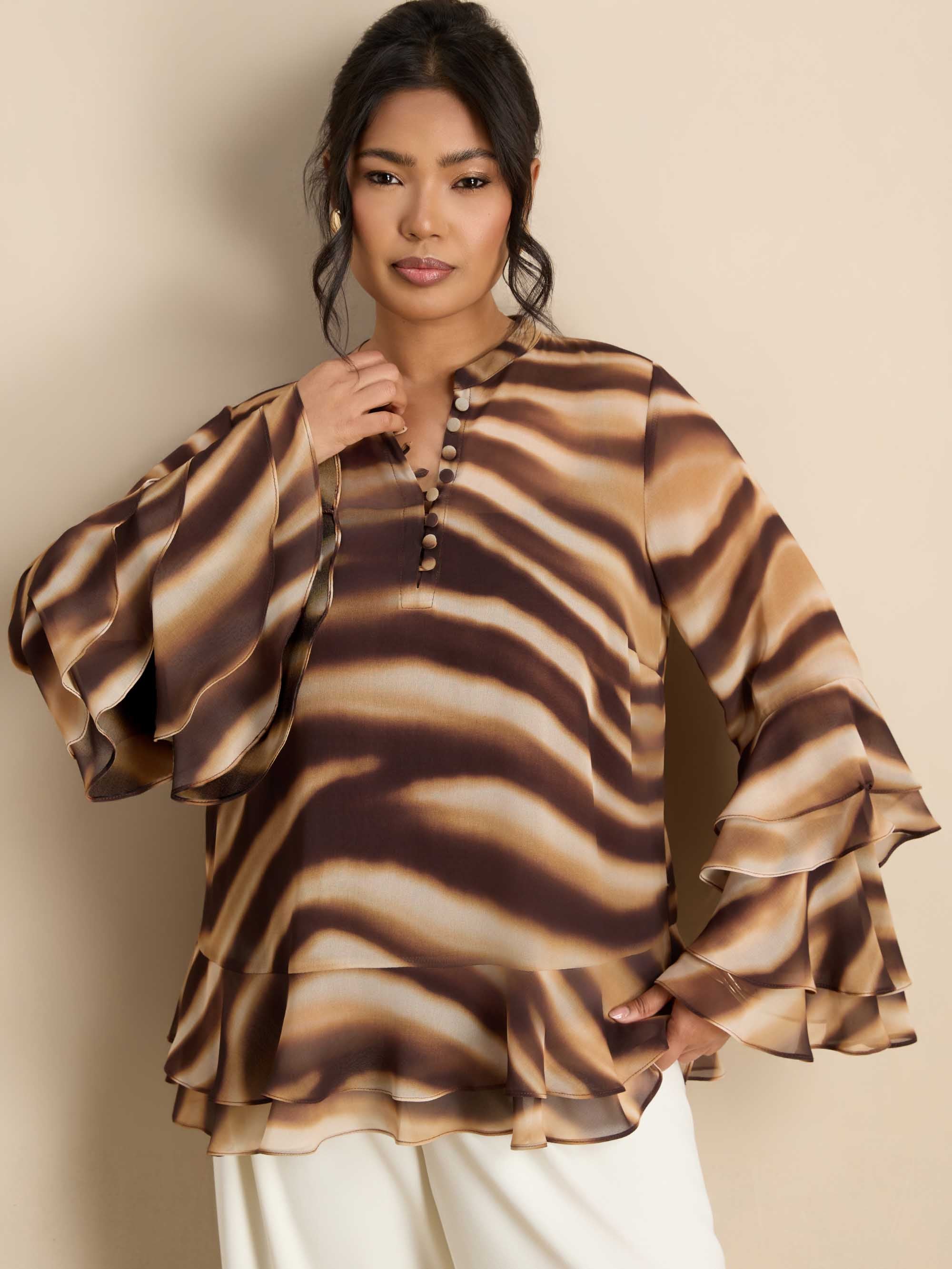 Brown Abstract Print Ruffle Blouse - Image 3