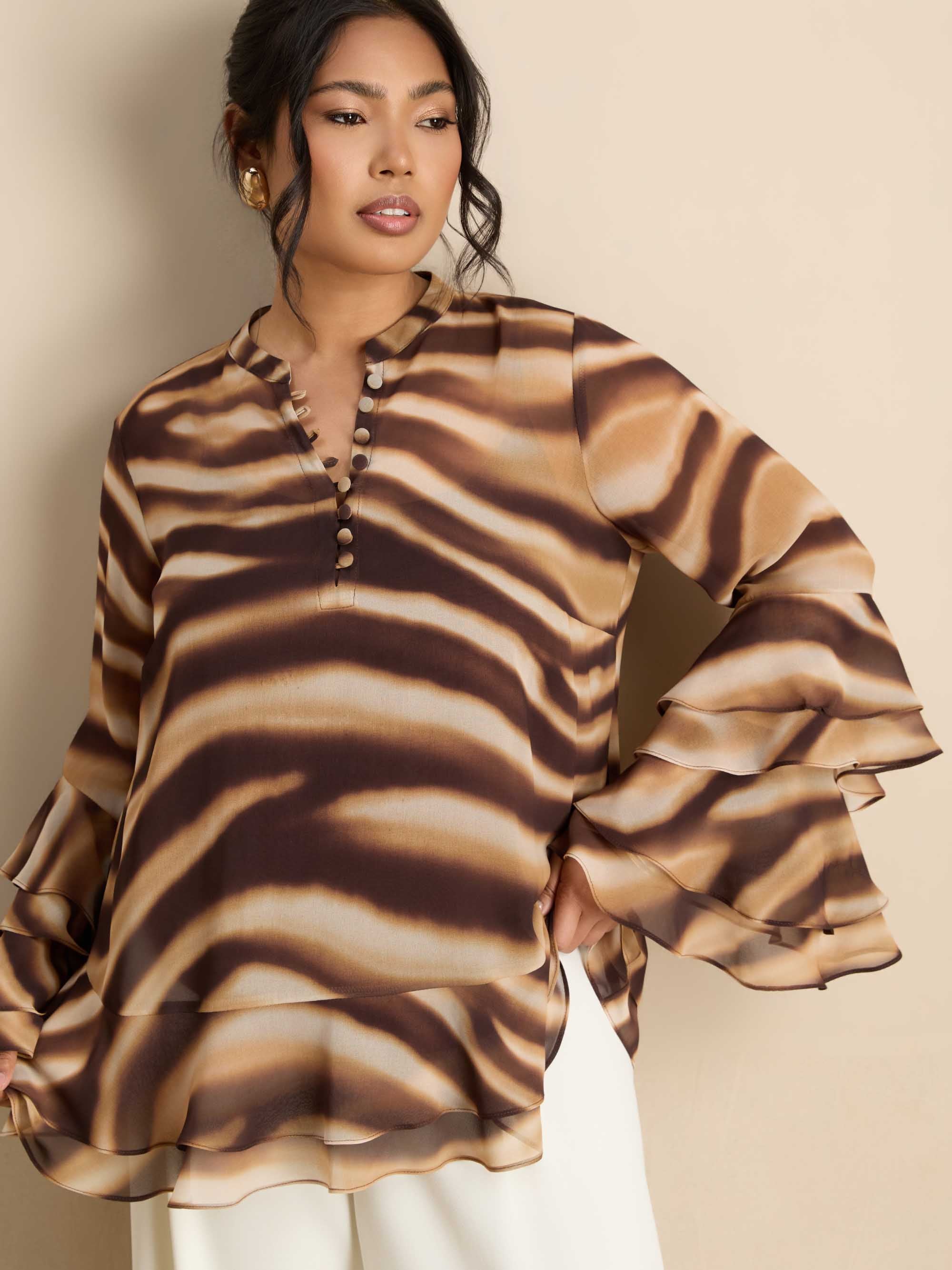 Brown Abstract Print Ruffle Blouse - Image 5