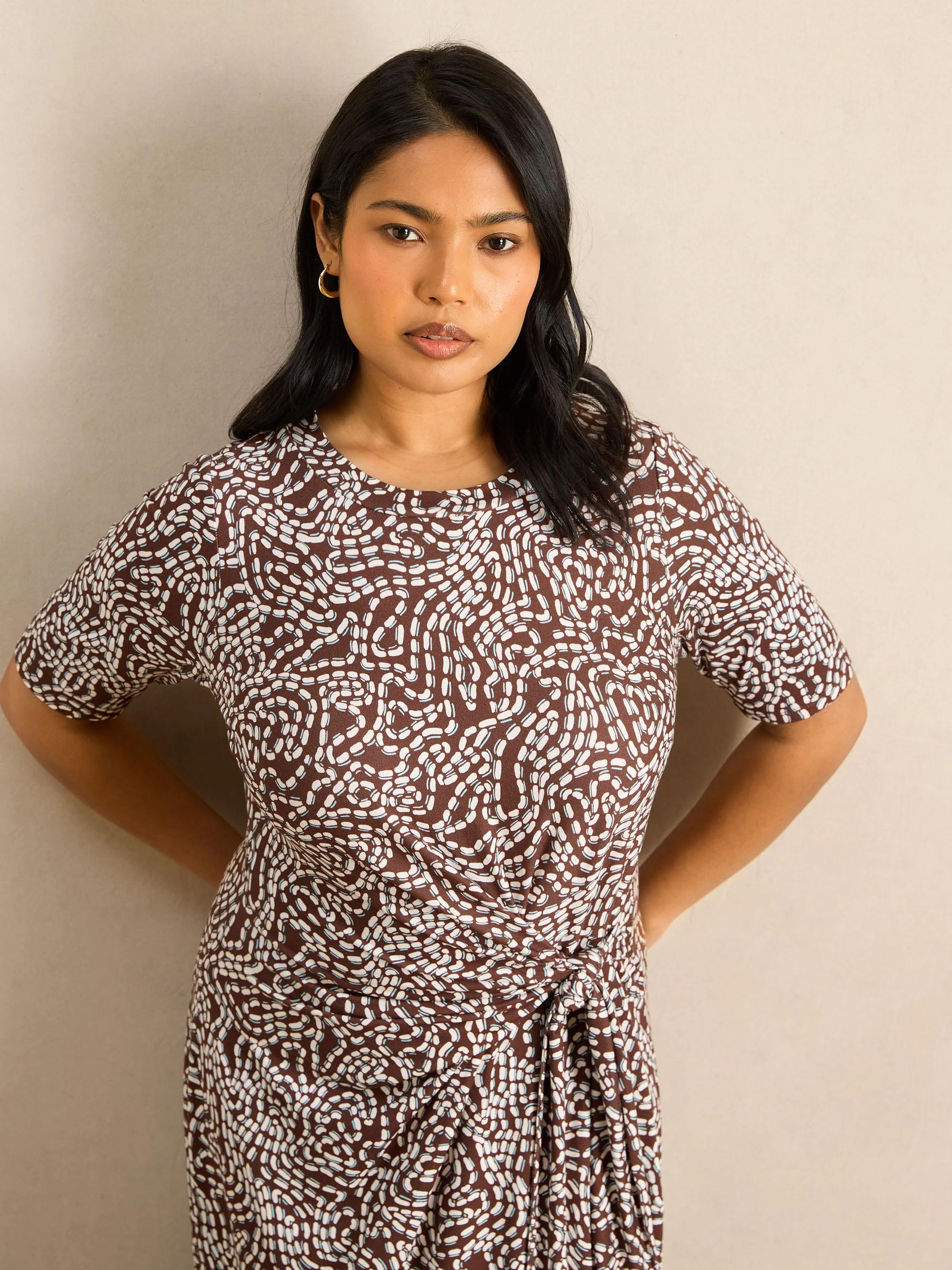Brown Abstract Print Tie Side Jersey Midaxi Dress - Image 2