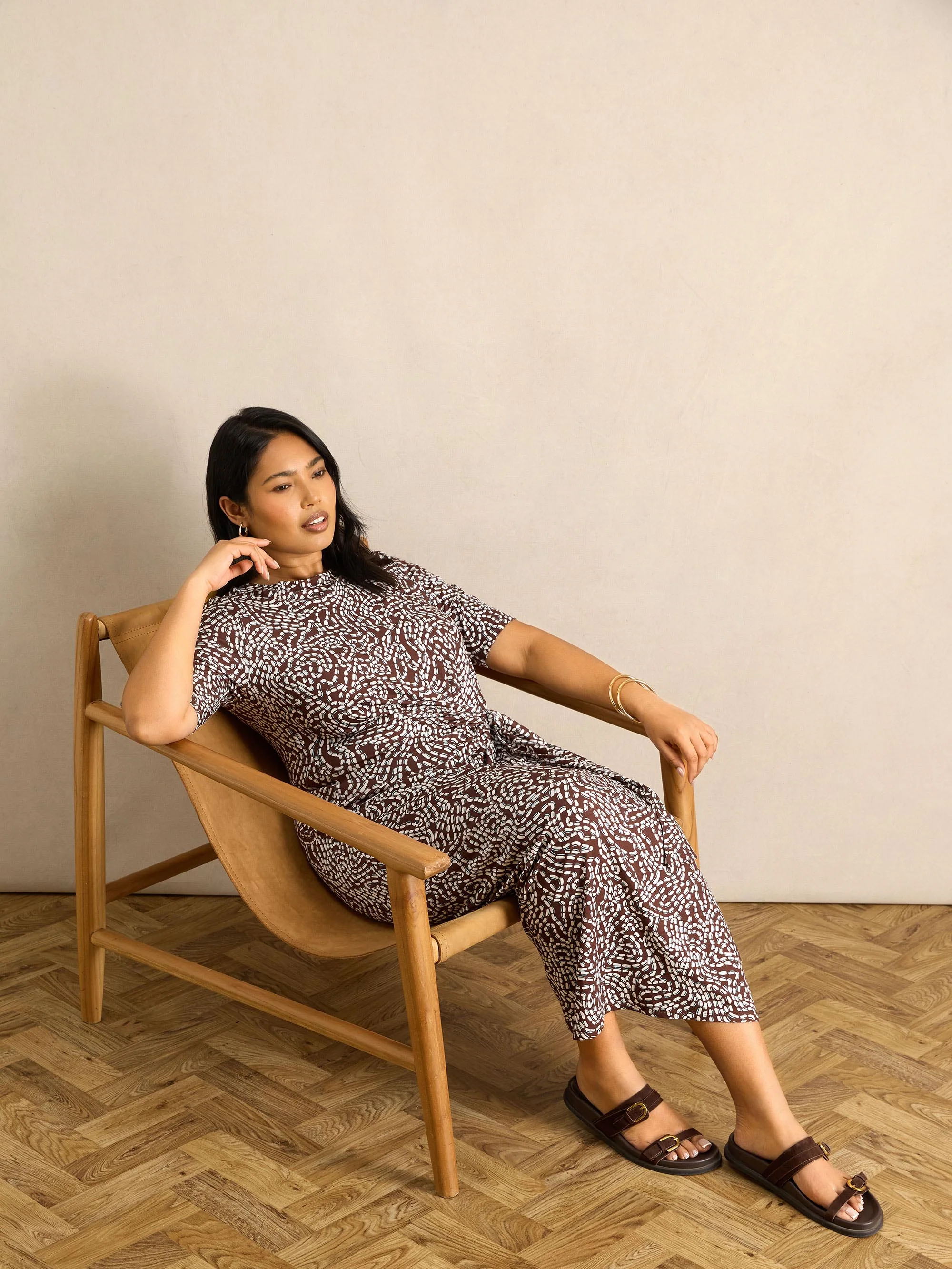 Brown Abstract Print Tie Side Jersey Midaxi Dress - Image 3