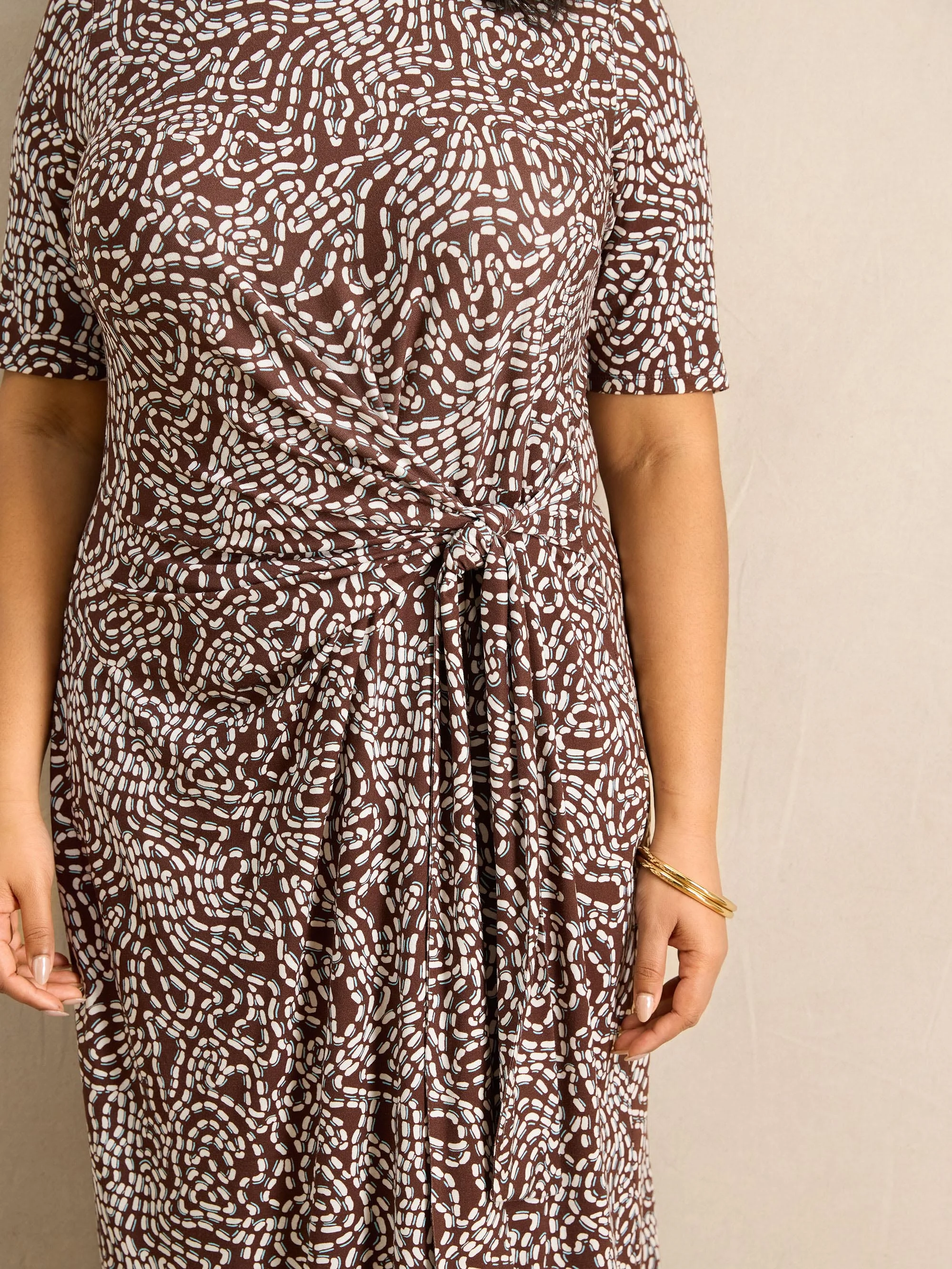 Brown Abstract Print Tie Side Jersey Midaxi Dress - Image 4