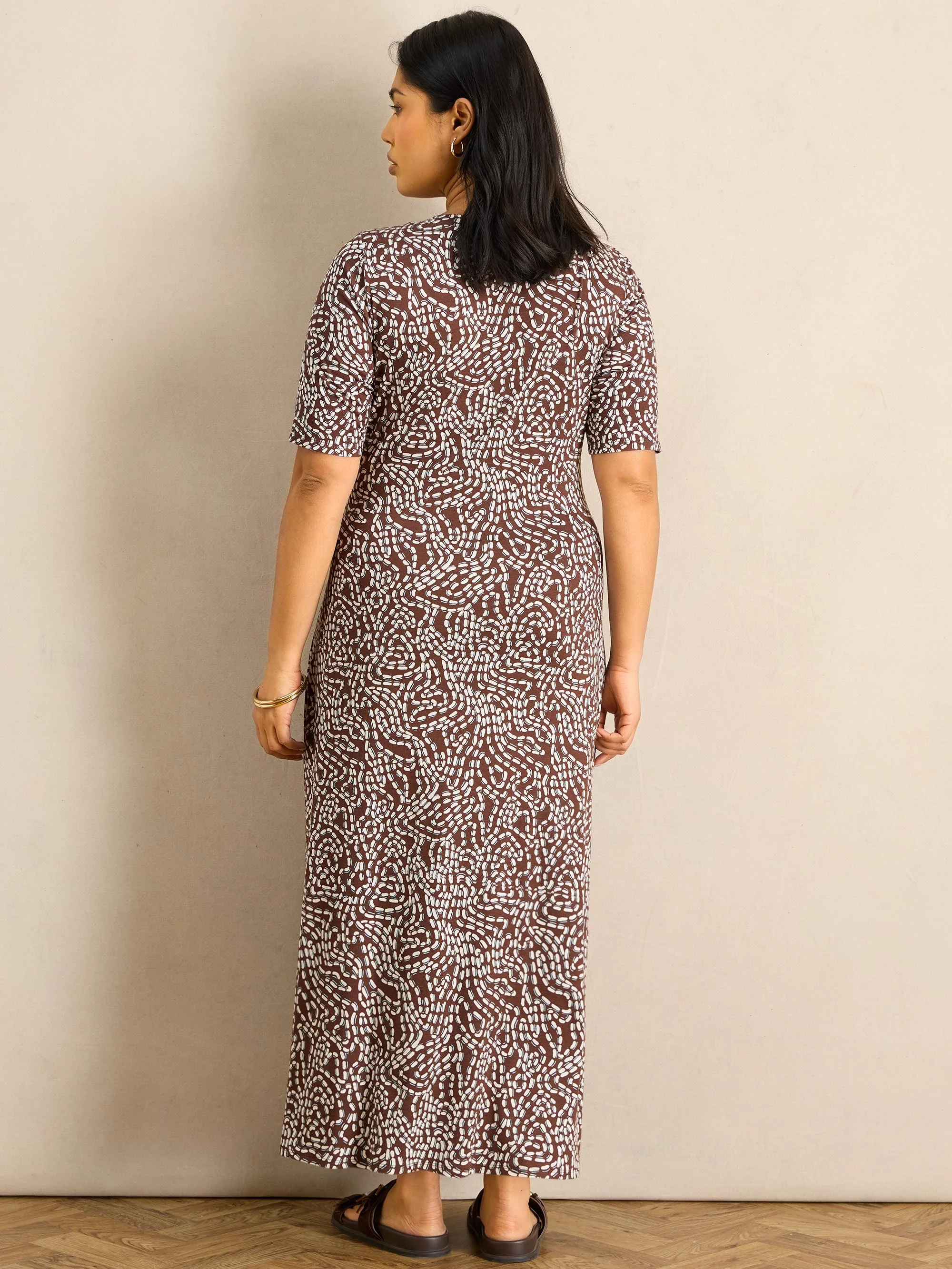 Brown Abstract Print Tie Side Jersey Midaxi Dress - Image 5