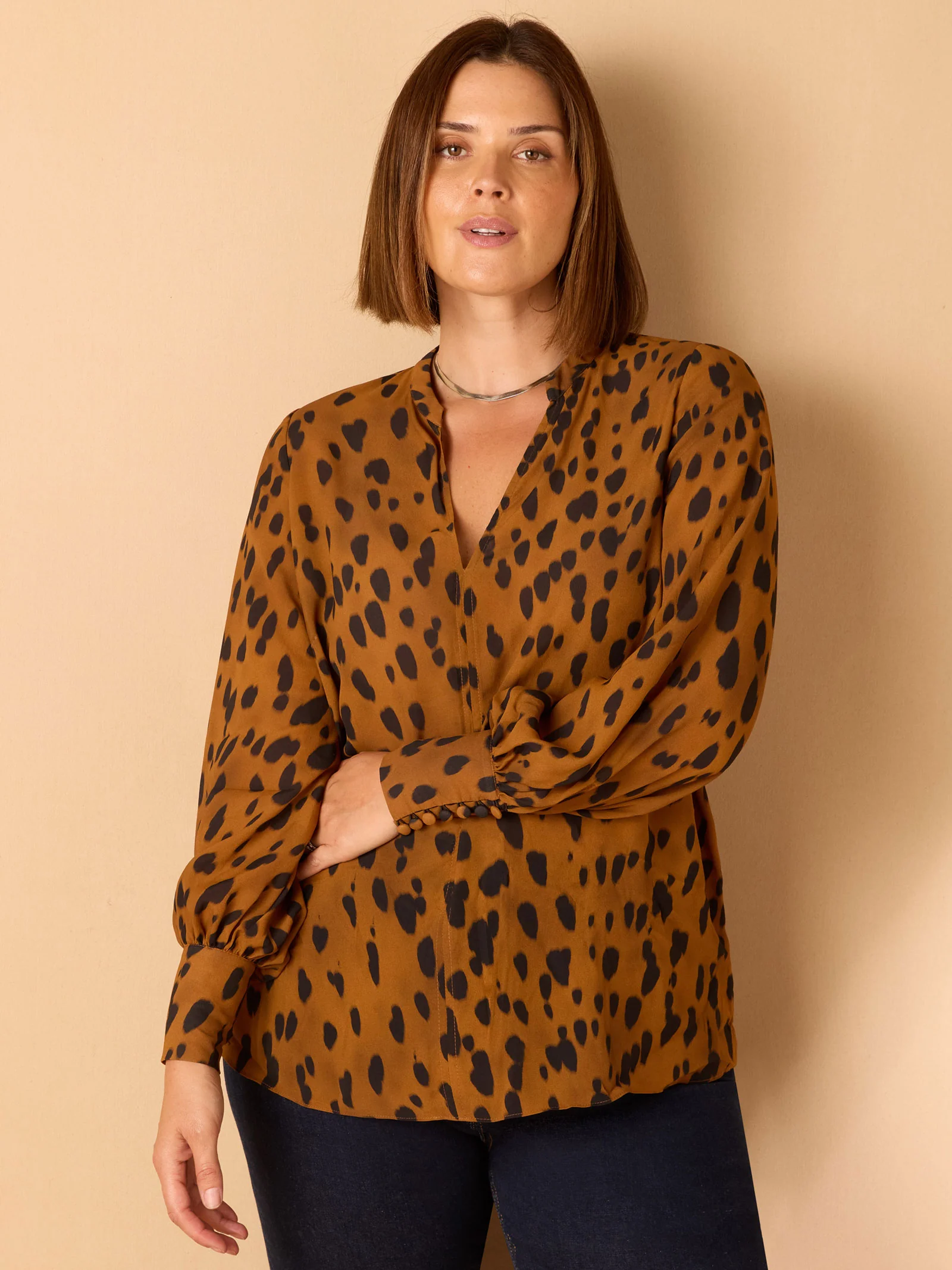 Brown Animal Print Nehru Collar Blouse - Image 3