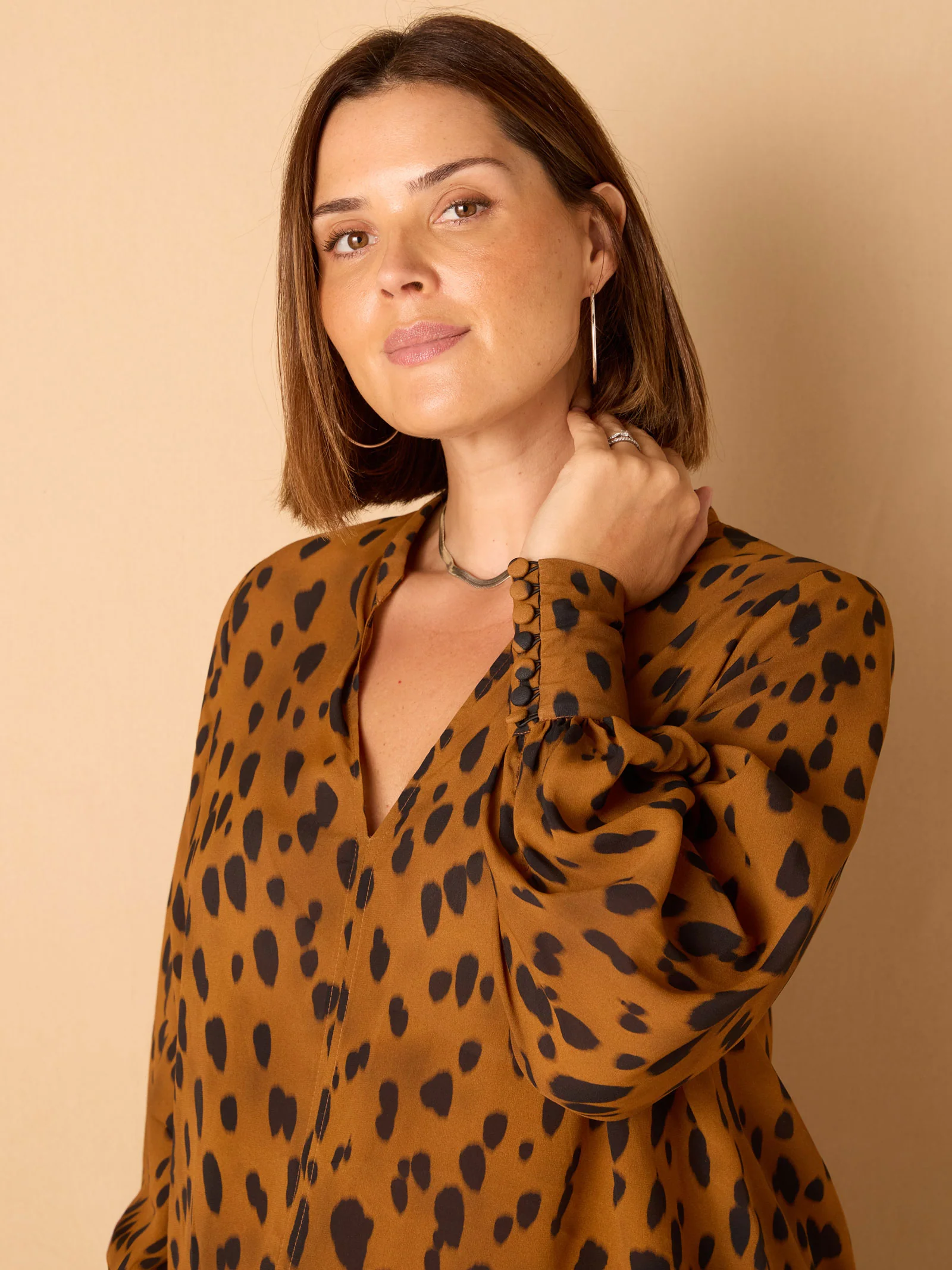 Brown Animal Print Nehru Collar Blouse - Image 4