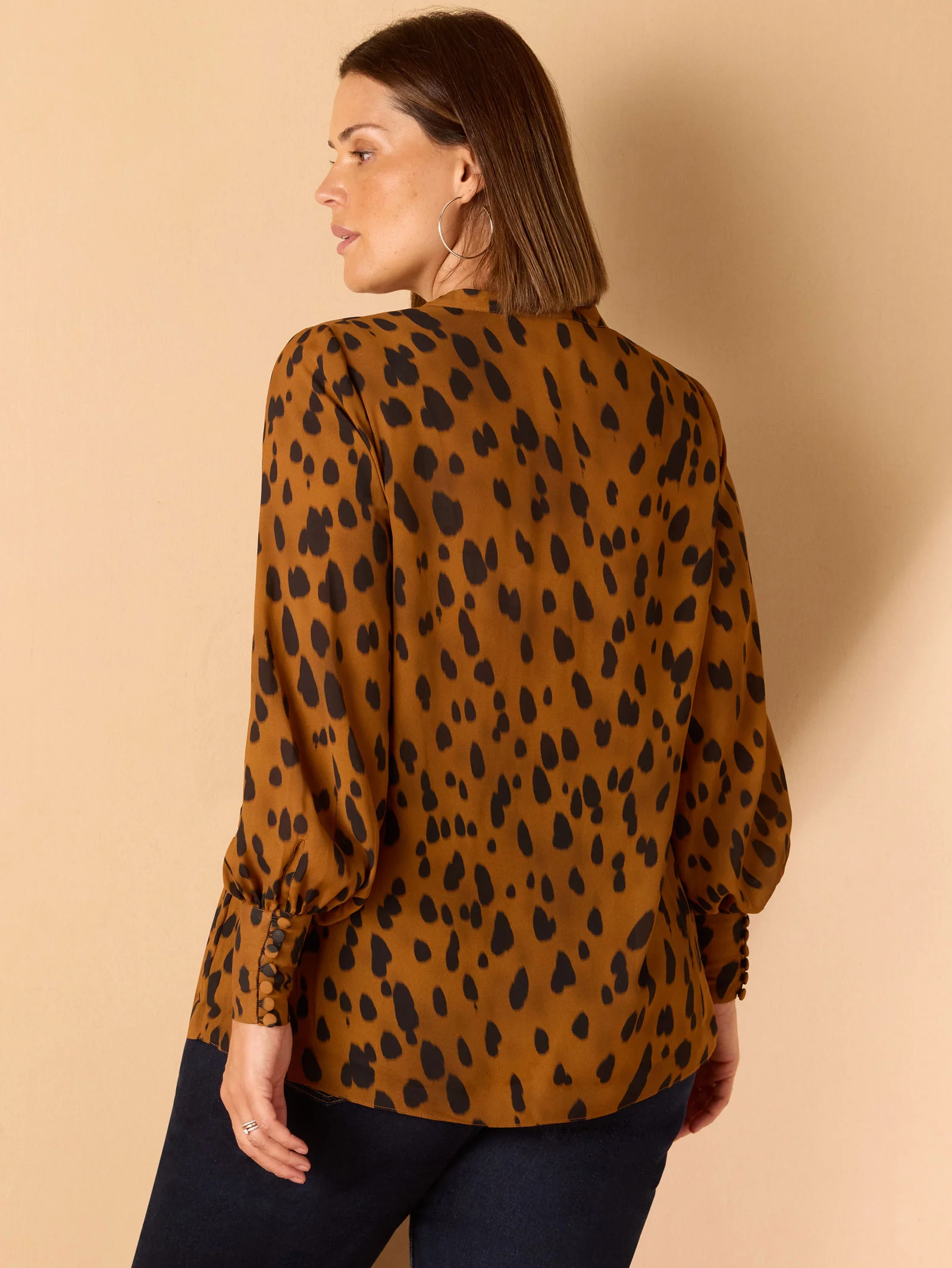 Brown Animal Print Nehru Collar Blouse - Image 5