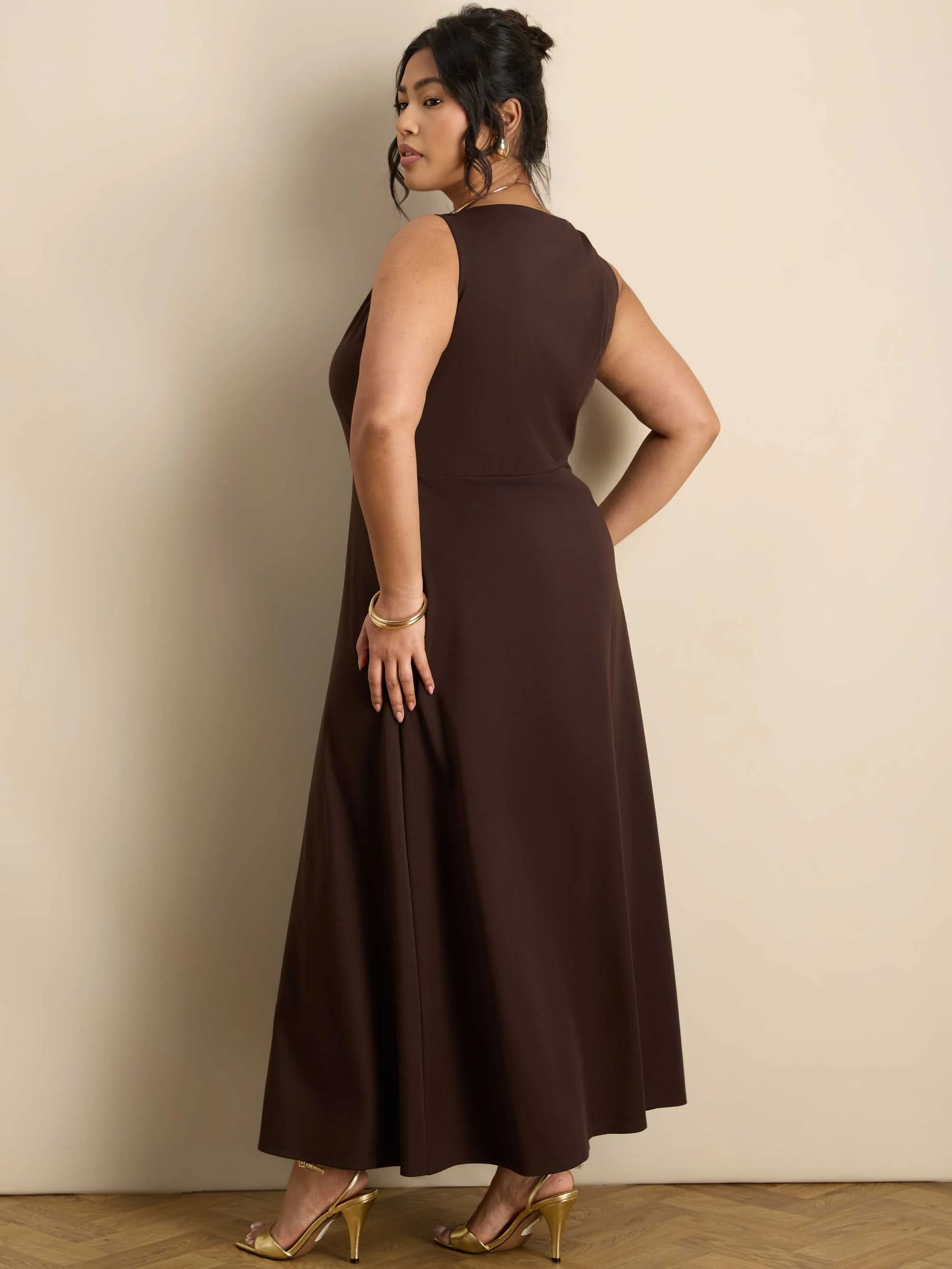 Brown Asymmetric Twist Maxi Dress With Gold Trim - Image 4