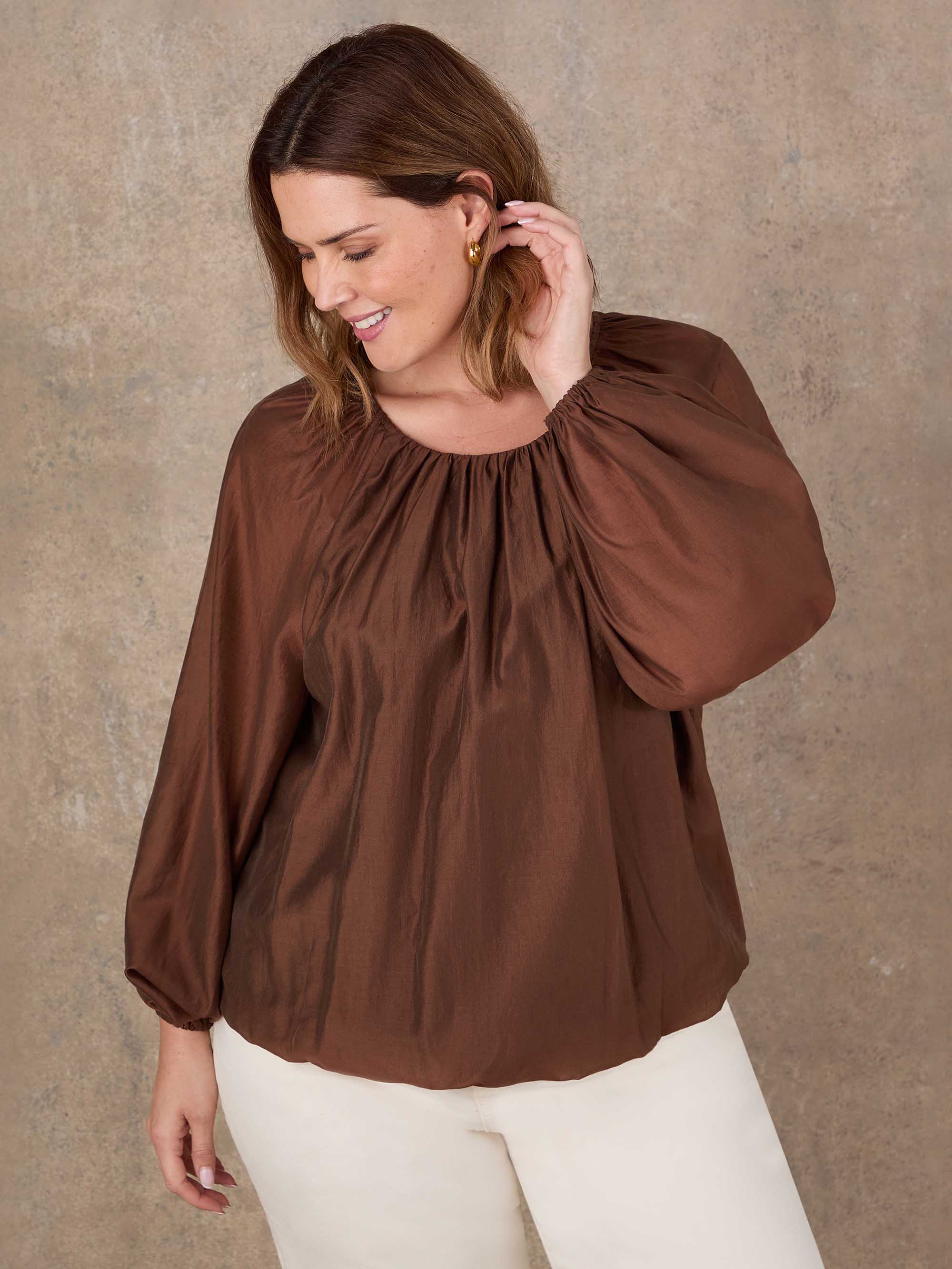 Brown Blouson Sleeve Lyocell Rich Boho Blouse - Image 3