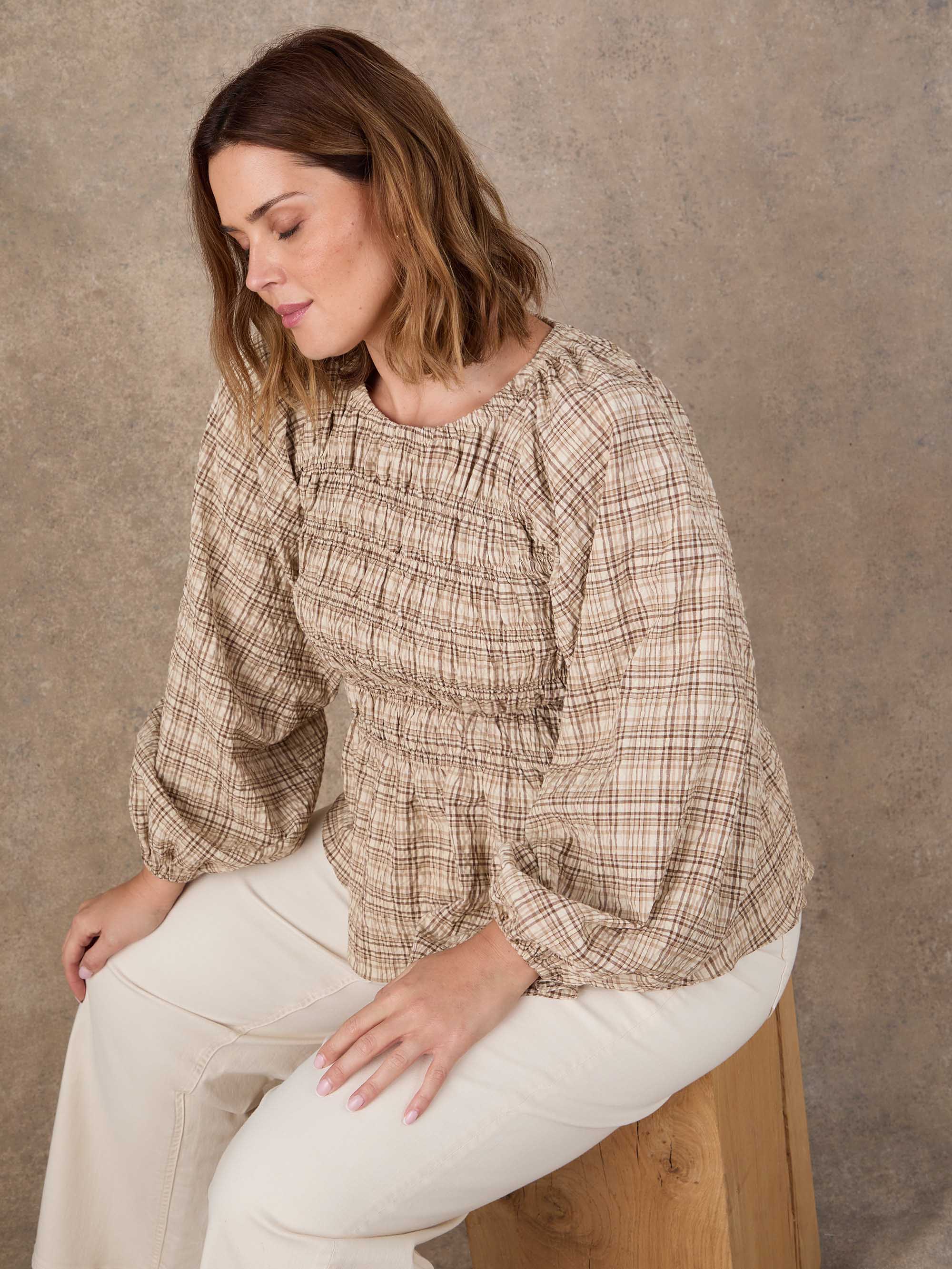 Brown Check Shirred Long Sleeve Top - Image 3