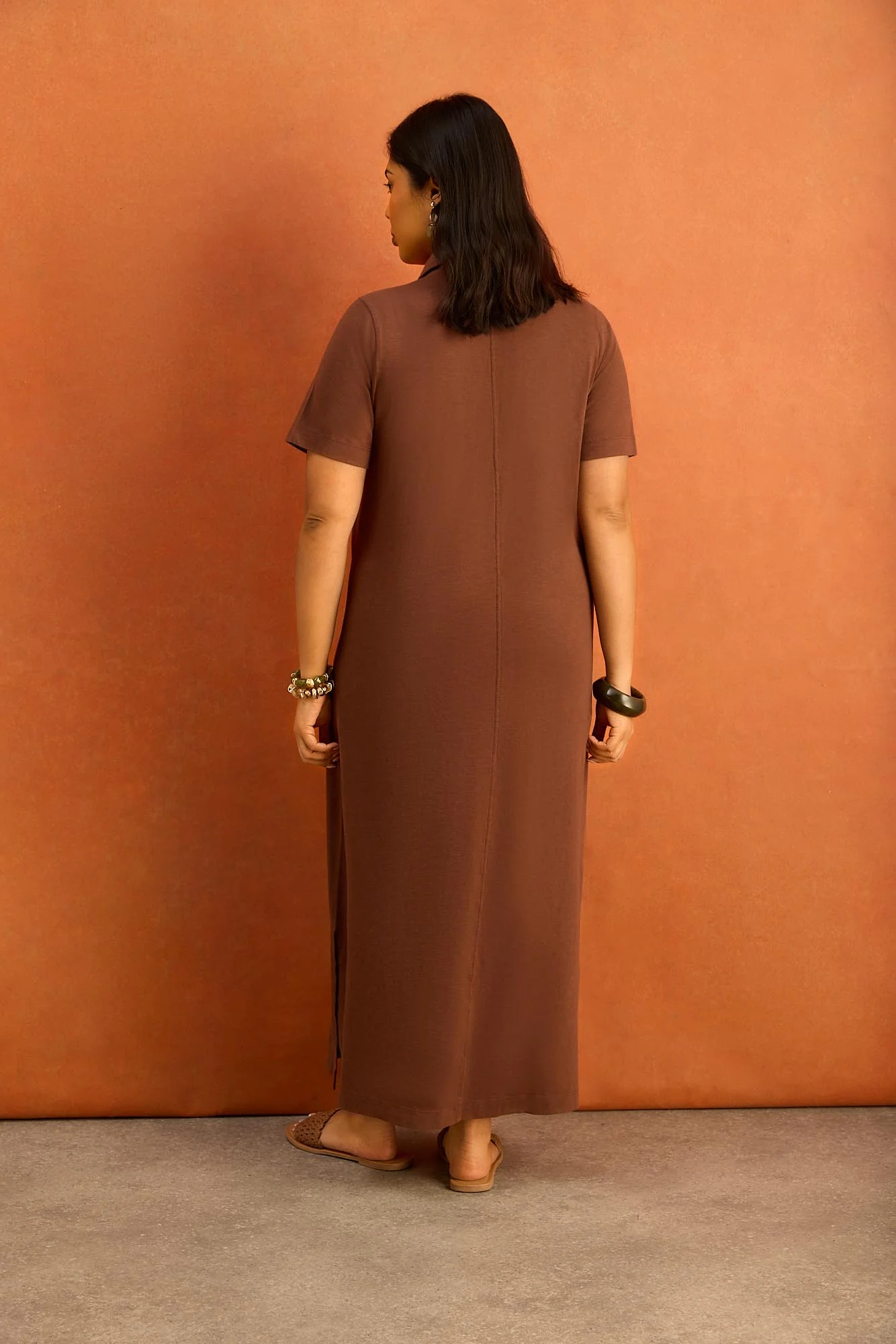 Chocolate Brown Slub Jersey Polo Collared Midi Dress - Image 2