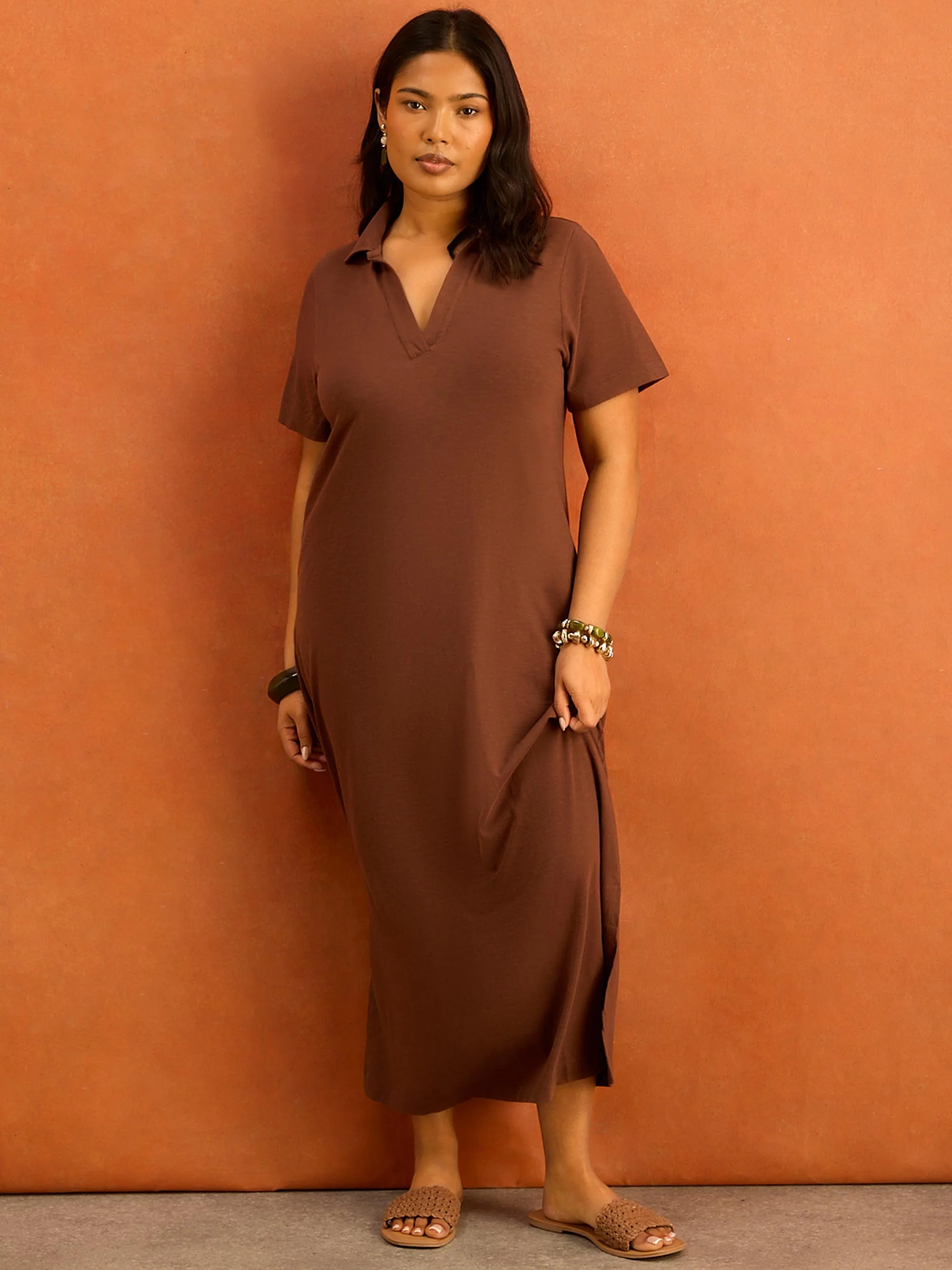 Chocolate Brown Slub Jersey Polo Collared Midi Dress - Image 3