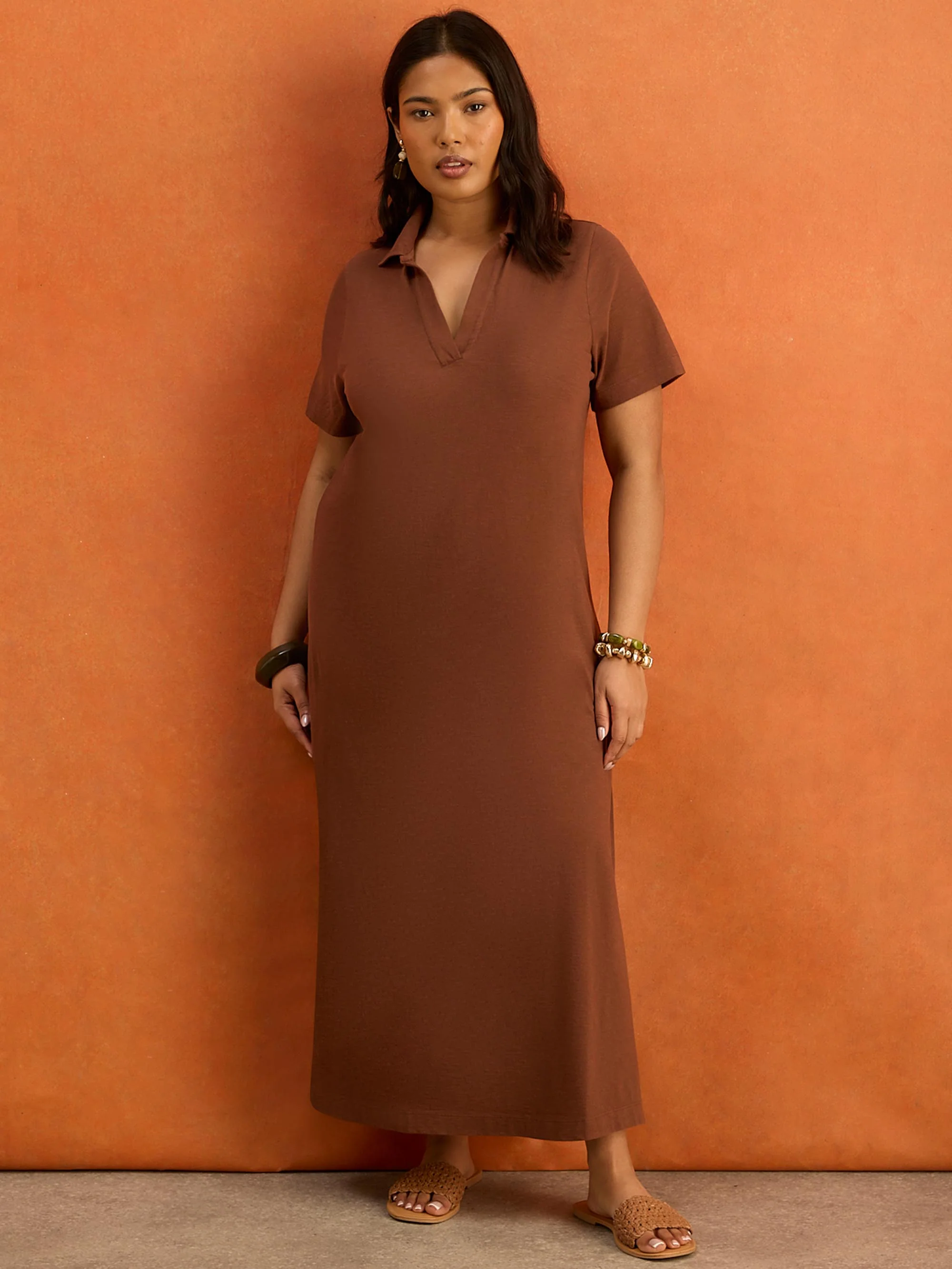 Chocolate Brown Slub Jersey Polo Collared Midi Dress - Image 4