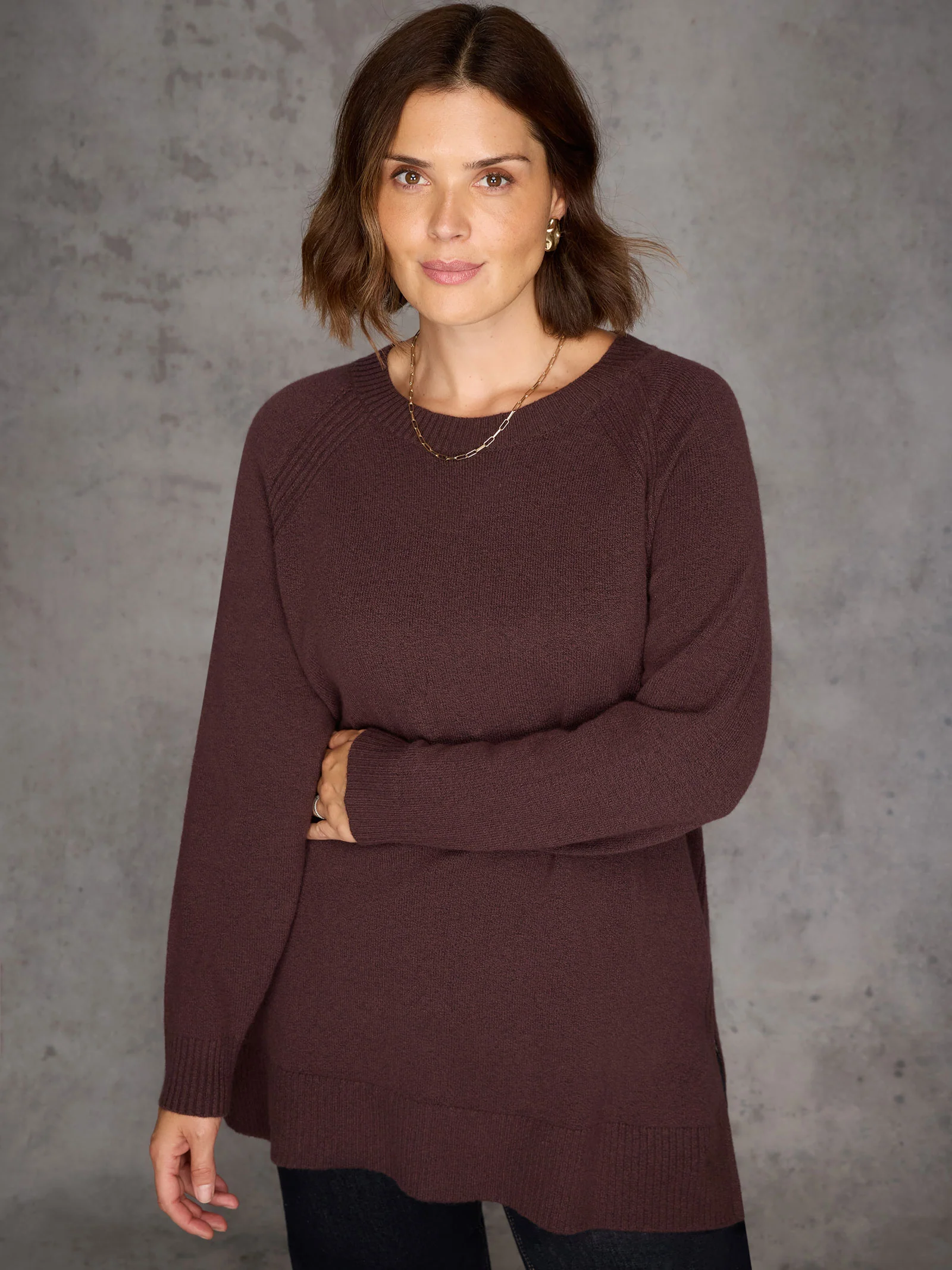 Chocolate Brown Crew Neck Longline Knit Jumper - Image 6