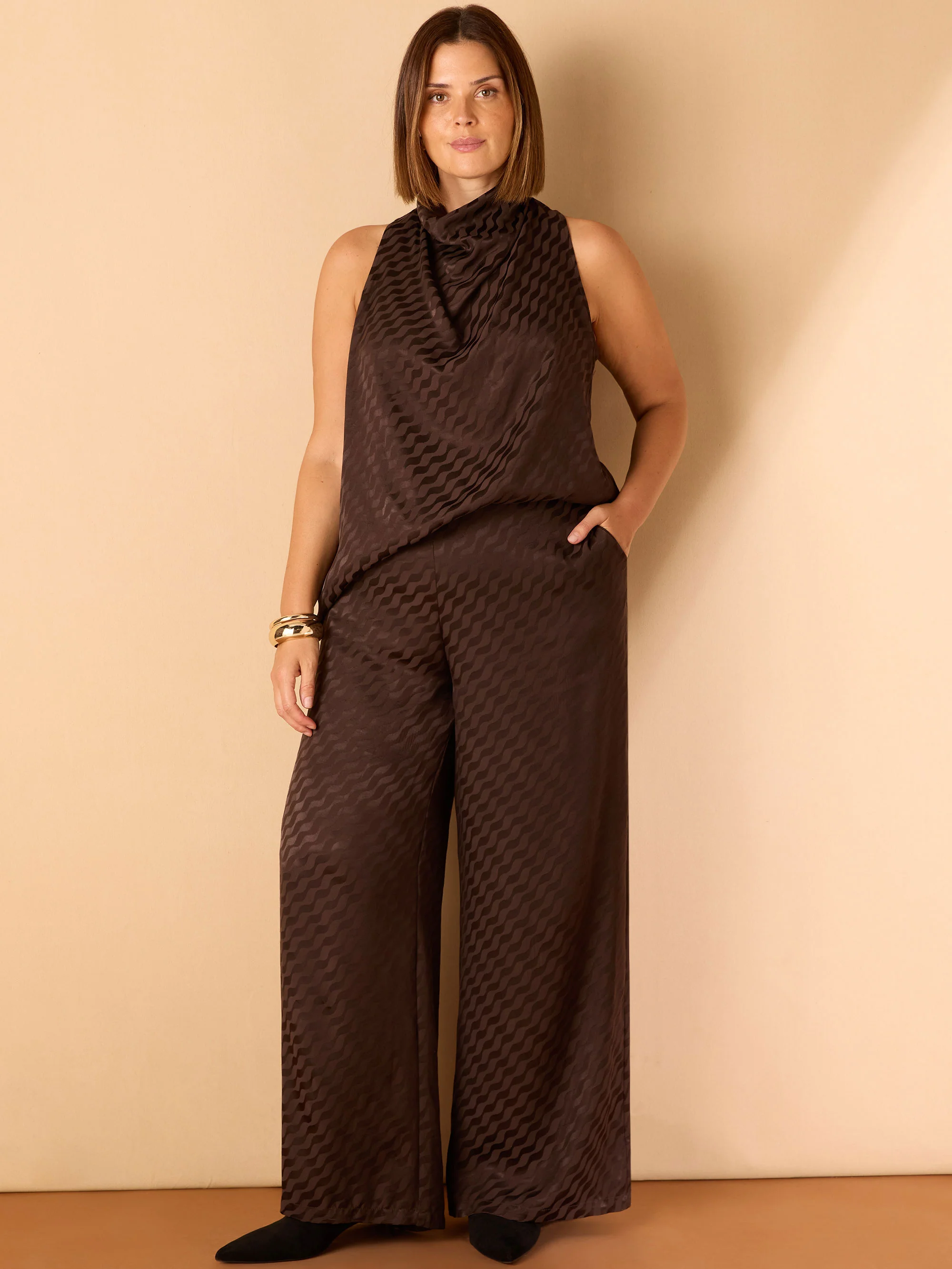 Brown Jacquard Cowl Neck Top - Image 6