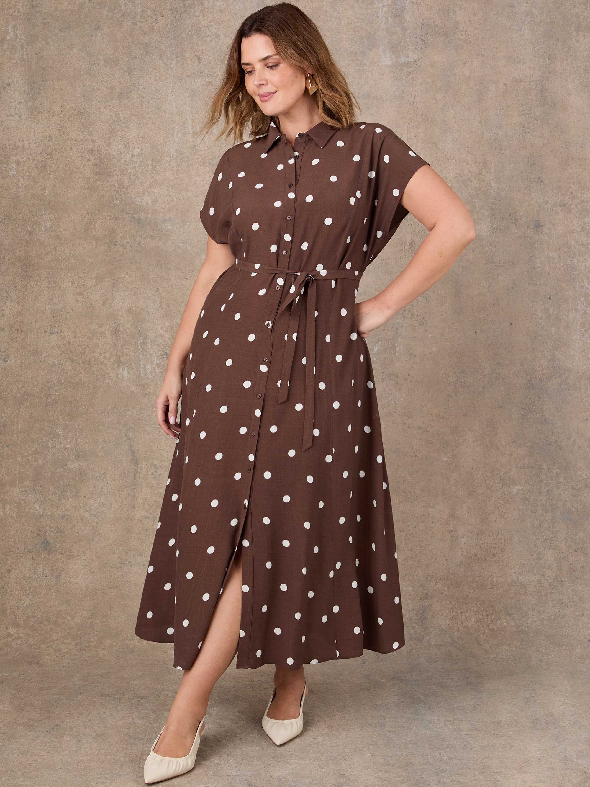 Brown Polka Dot Print Midaxi Shirt Dress - Image 3