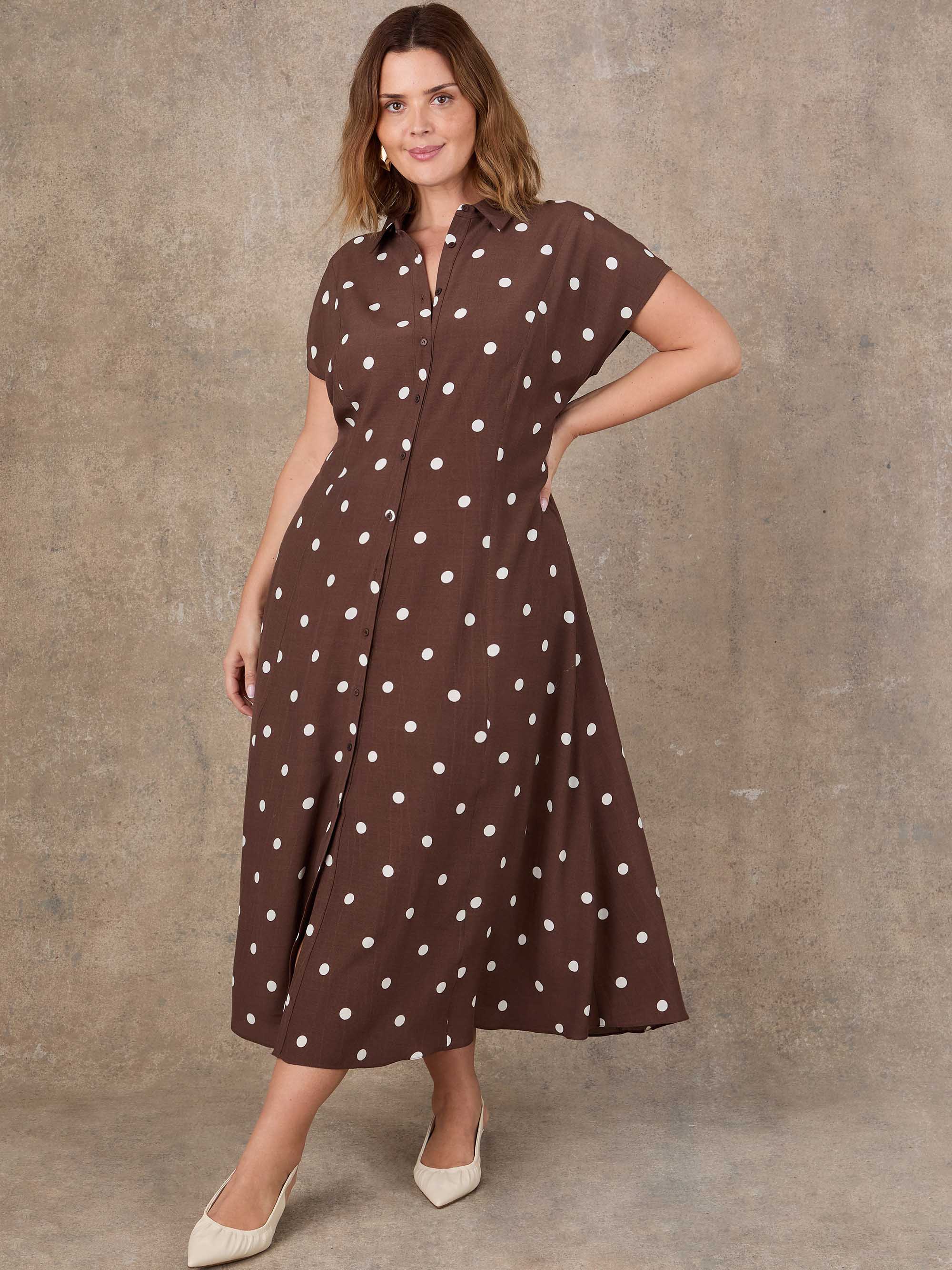 Brown Polka Dot Print Midaxi Shirt Dress - Image 4