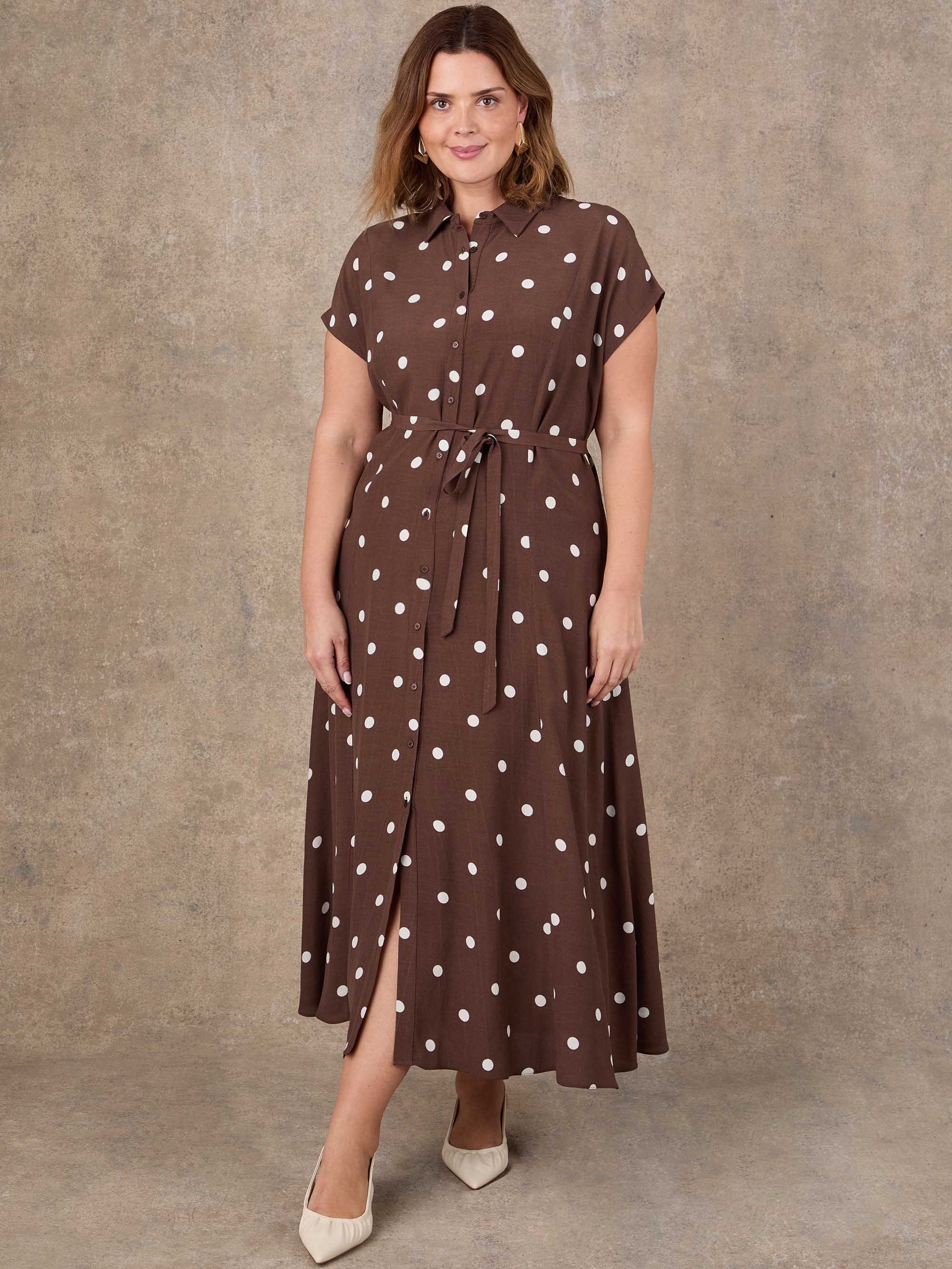 Brown Polka Dot Print Midaxi Shirt Dress - Image 5