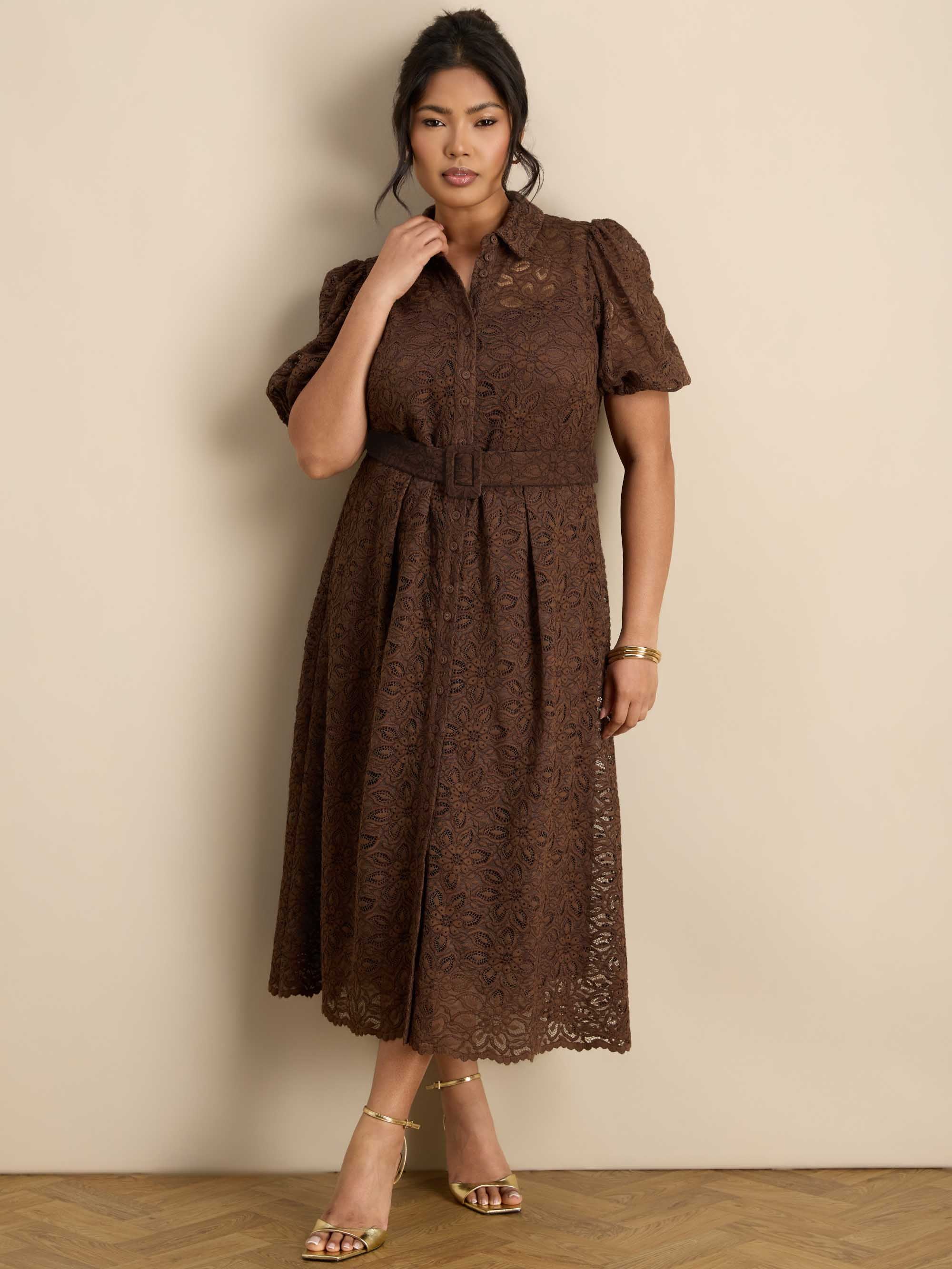 Brown Puff Sleeve Button Through Belted Lace Dress - Image 3