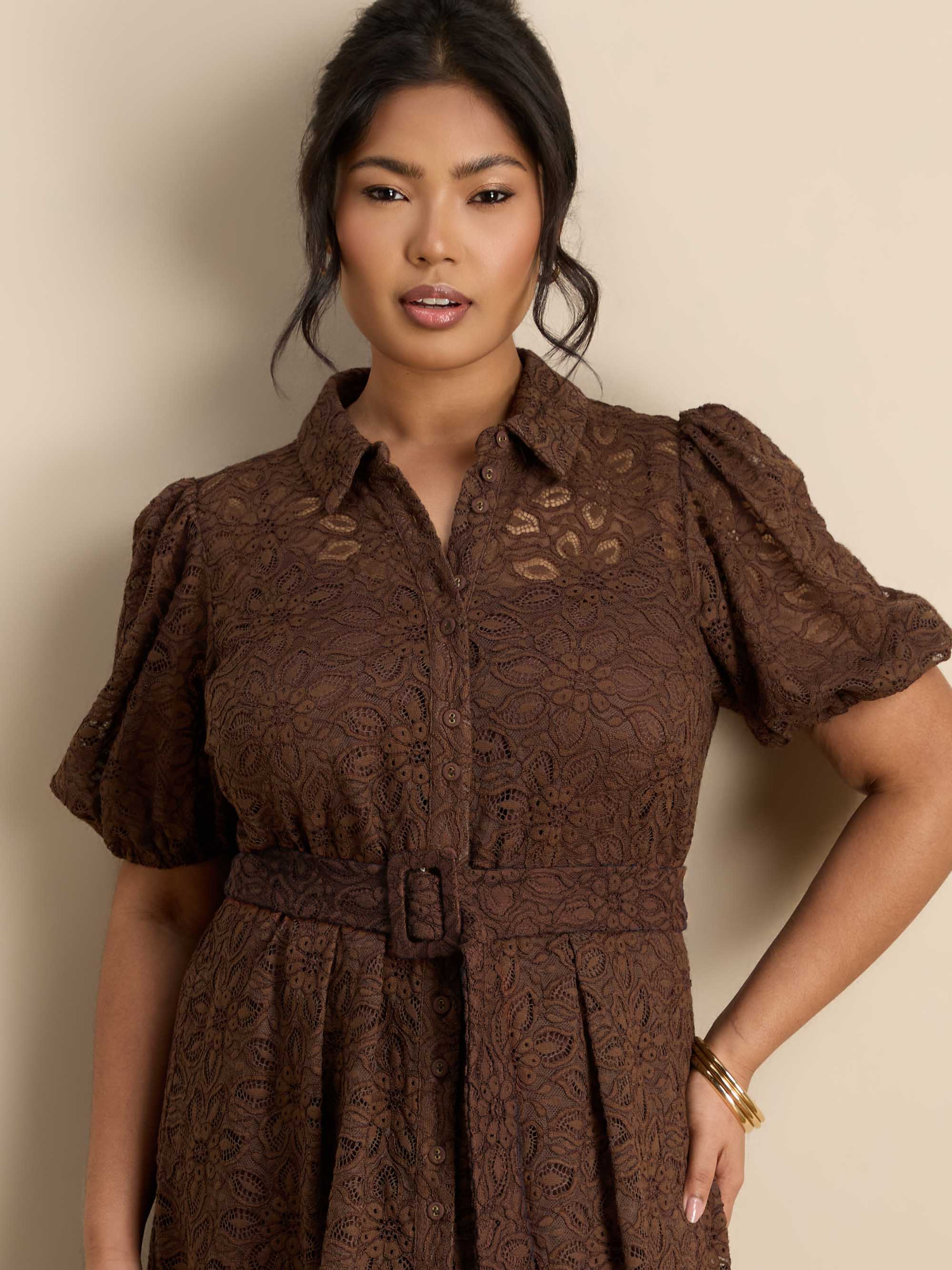 Brown Puff Sleeve Button Through Belted Lace Dress - Image 4