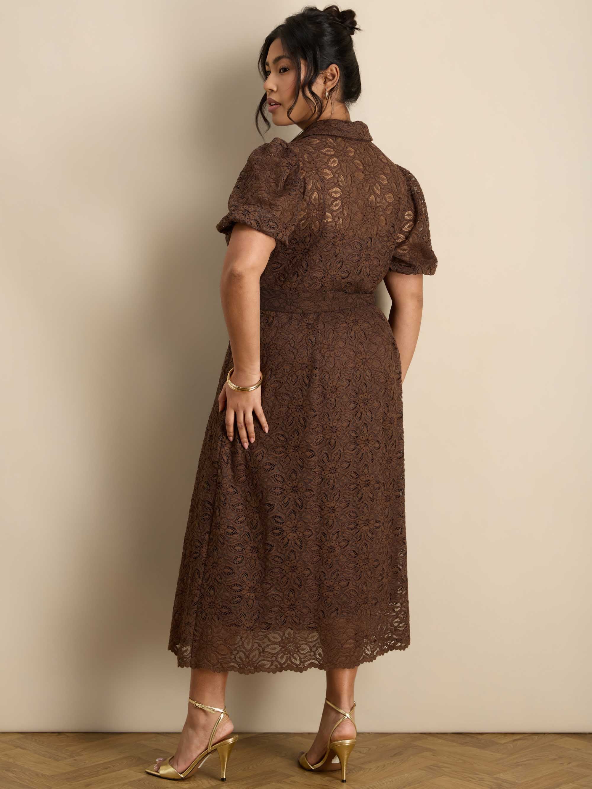 Brown Puff Sleeve Button Through Belted Lace Dress - Image 5