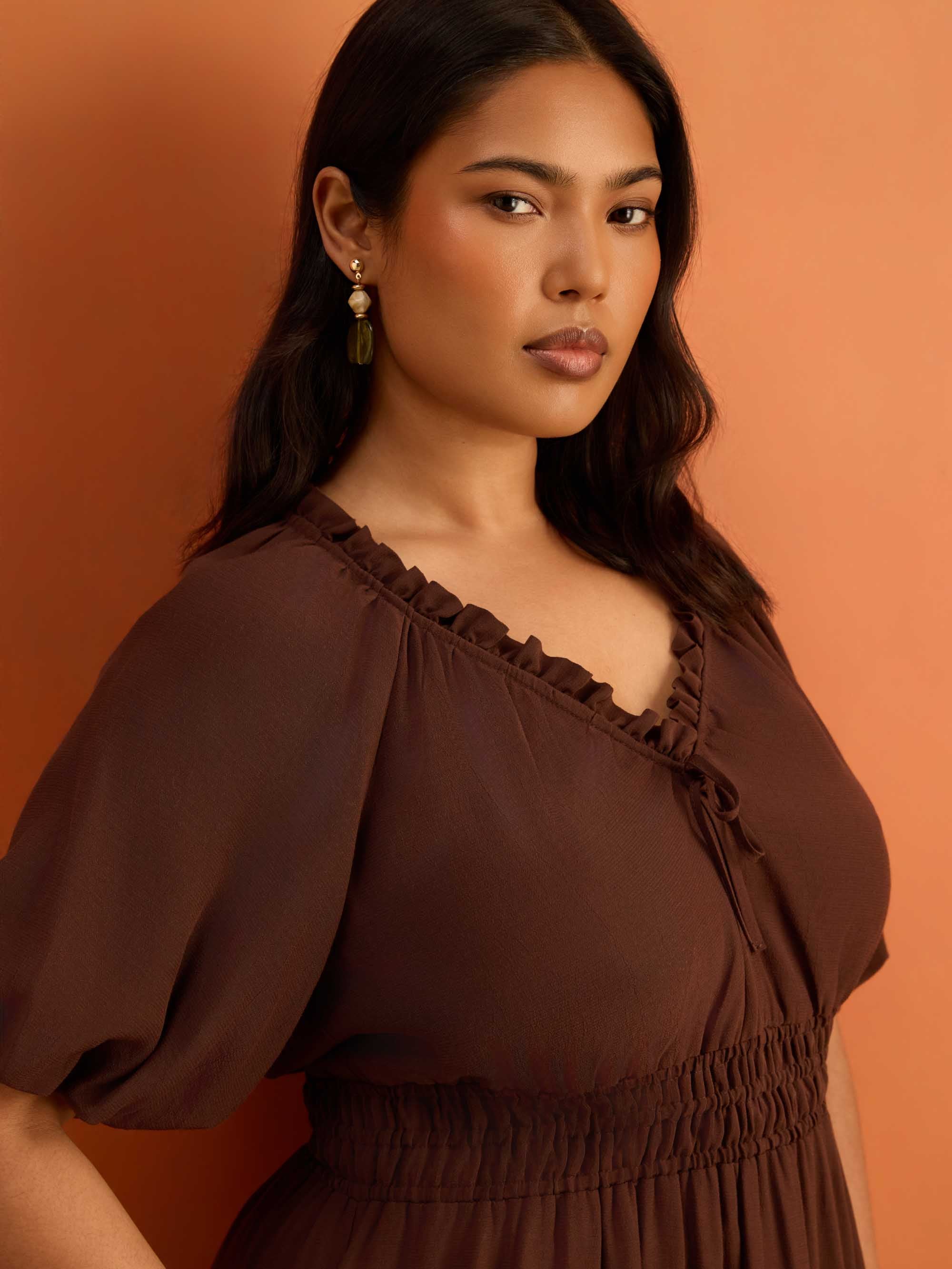 Brown Puff Sleeve Elasticated Waist Dress - Image 3