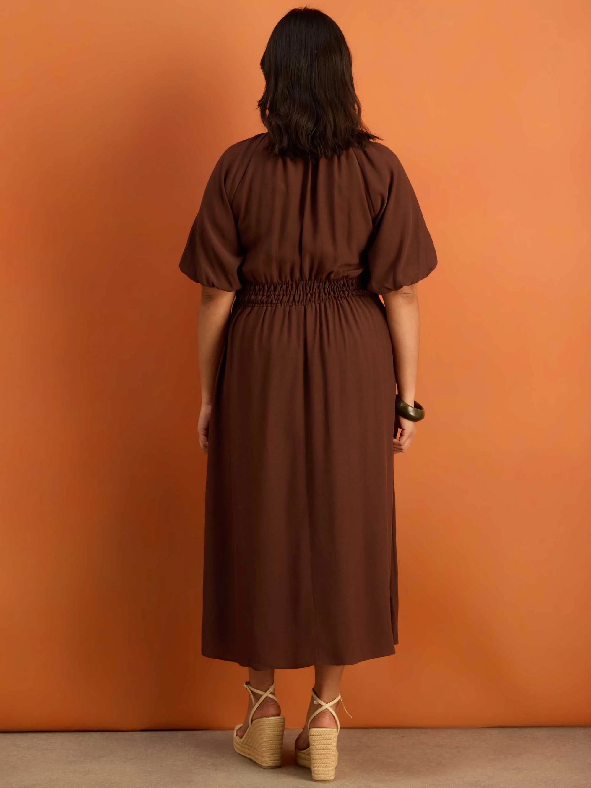 Brown Puff Sleeve Elasticated Waist Dress - Image 4