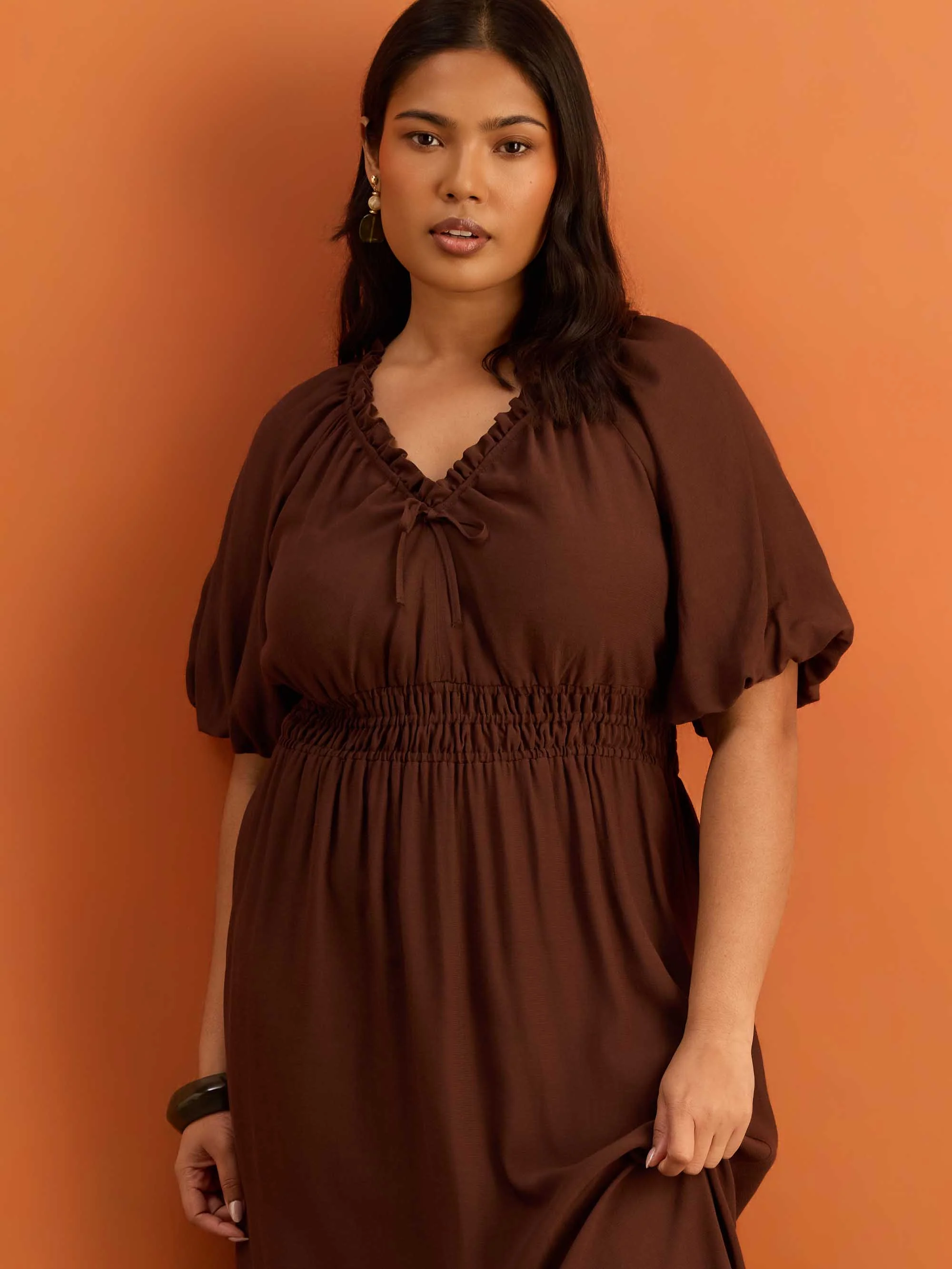Brown Puff Sleeve Elasticated Waist Dress - Image 6