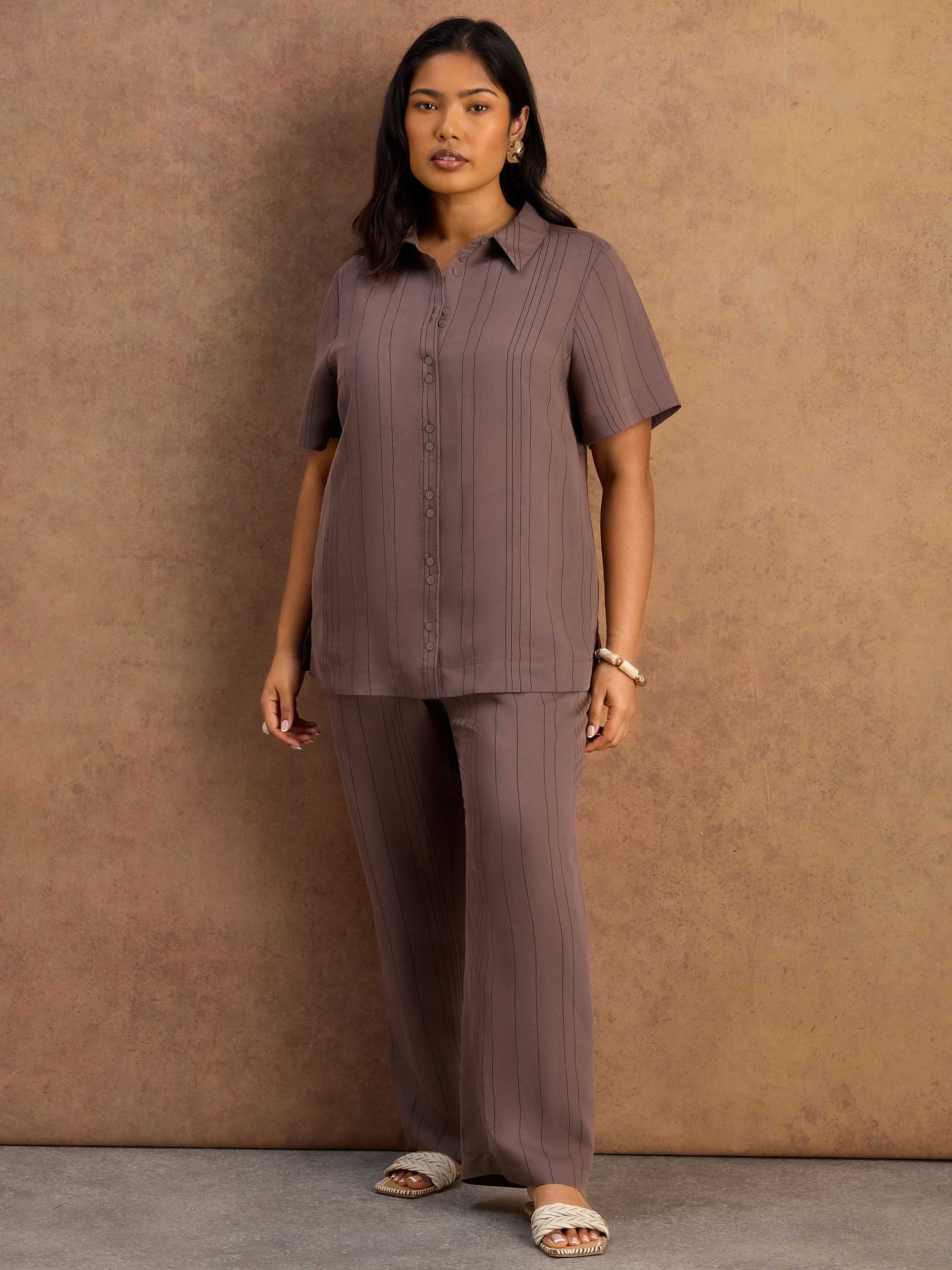 Brown Stripe Short Sleeve Shirt With Modal - Image 3