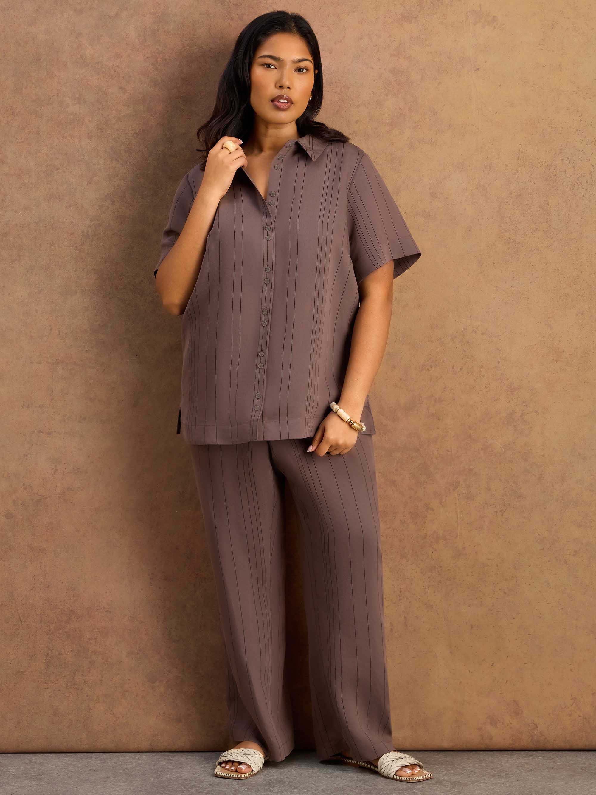 Brown Stripe Short Sleeve Shirt With Modal - Image 5