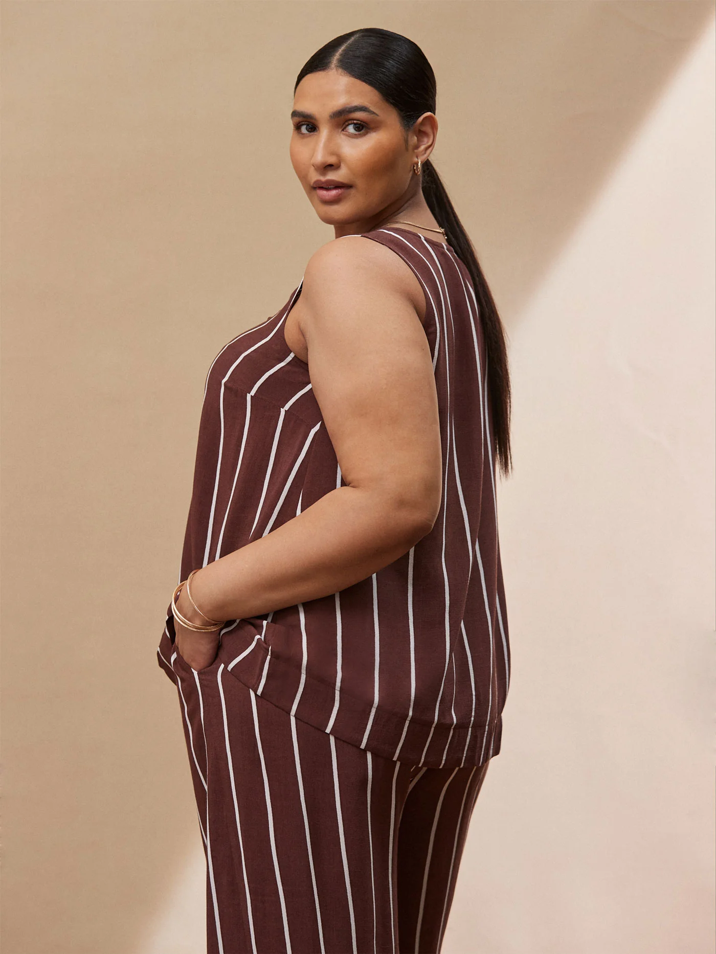Chocolate Brown Stripe V Neck Top - Image 2