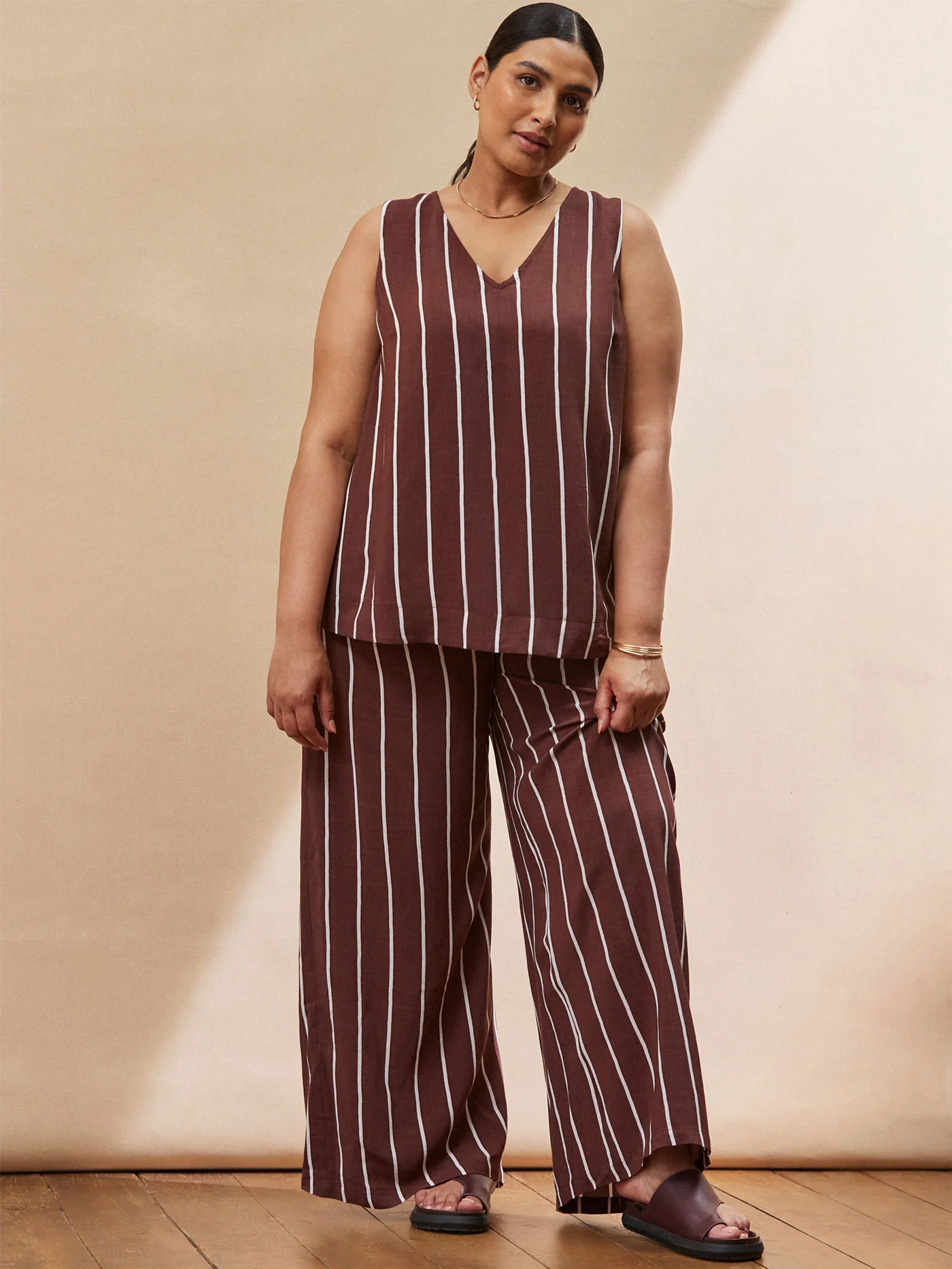 Chocolate Brown Stripe V Neck Top - Image 3