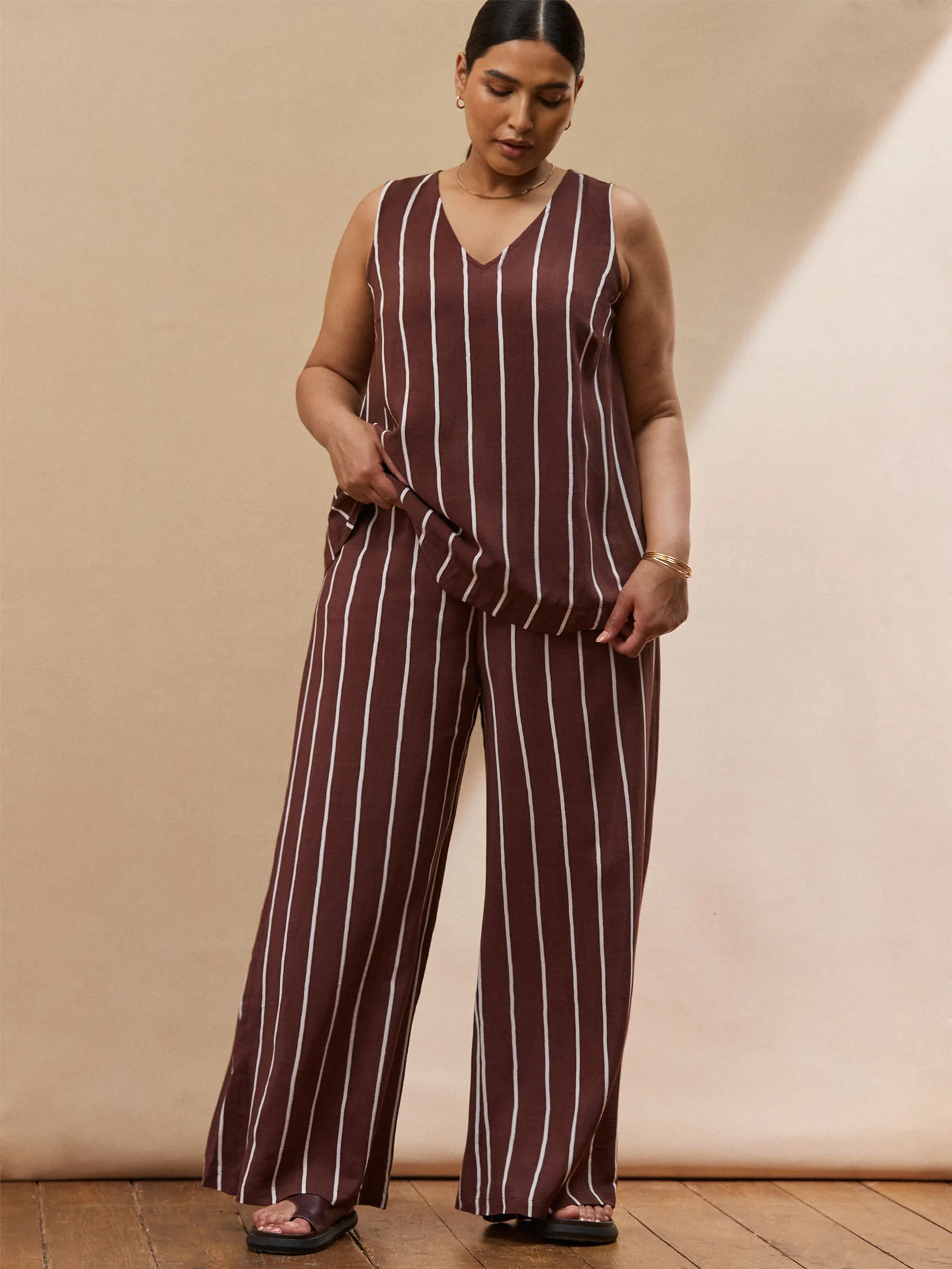 Chocolate Brown Stripe V Neck Top - Image 4
