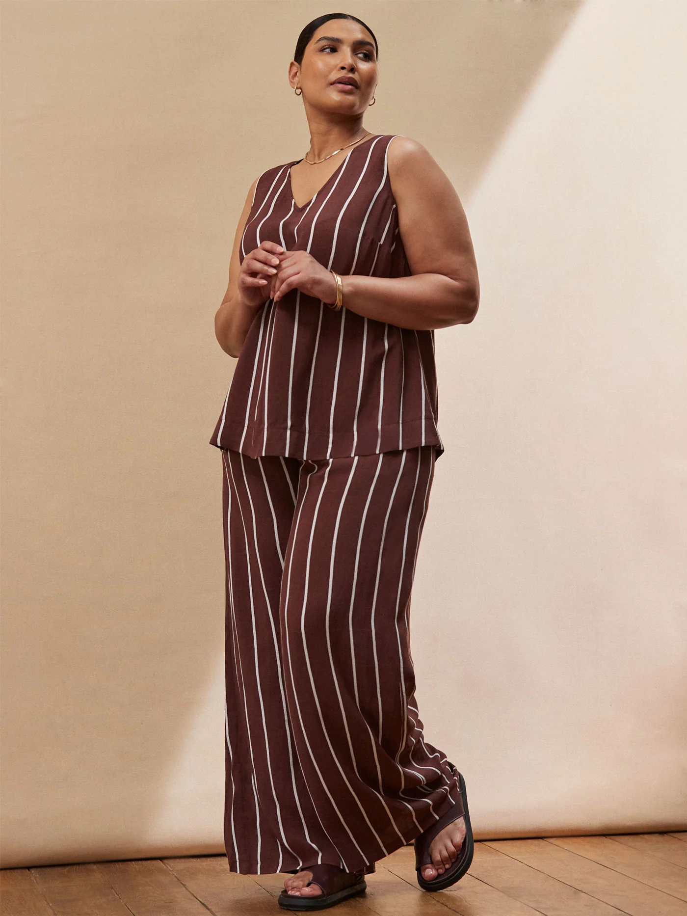 Chocolate Brown Stripe V Neck Top - Image 5