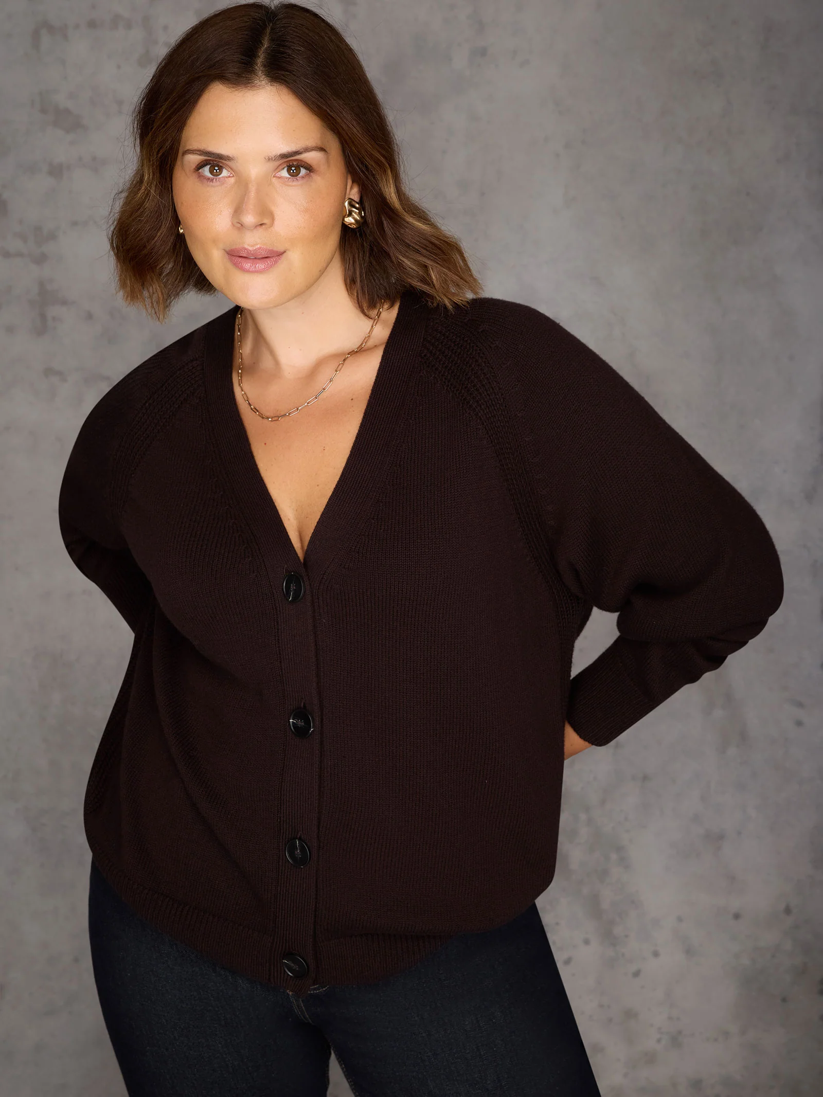 Brown V Neck Cardigan - Image 3
